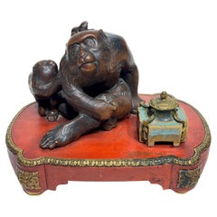 19th Century French /Japanese Inkwell with Okimono Bronze Monkey