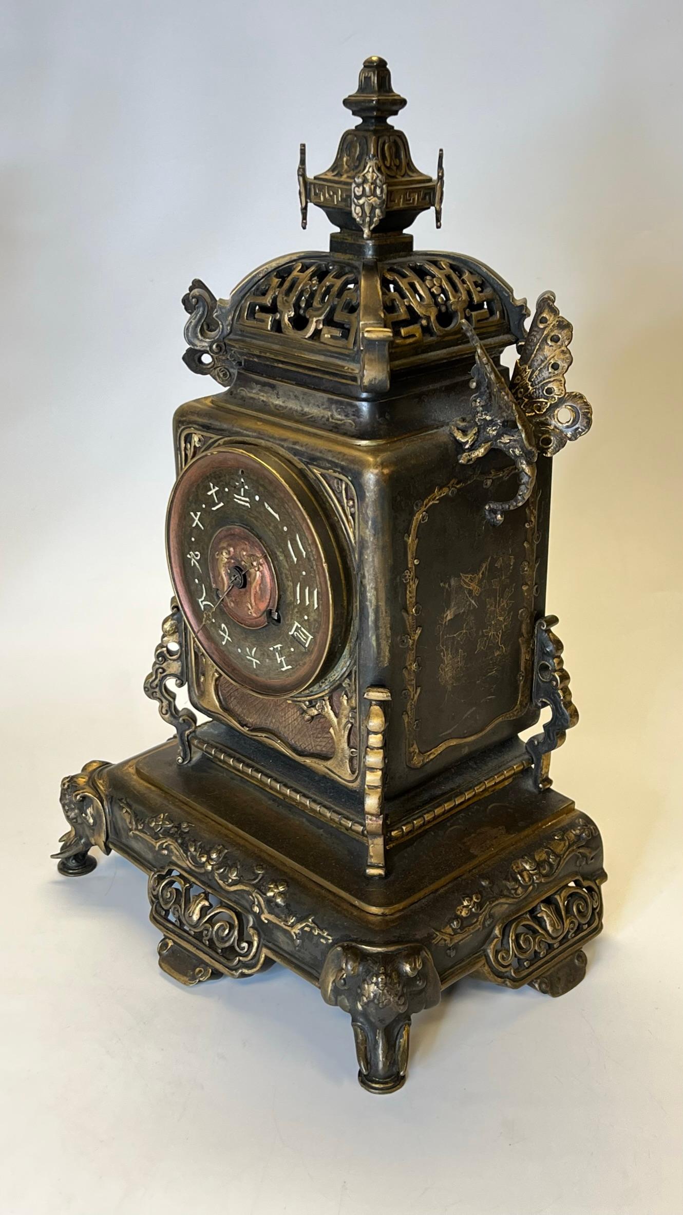 19th Century French Japanese Style Bronze Mantel Clock and Candelabra Garniture 13