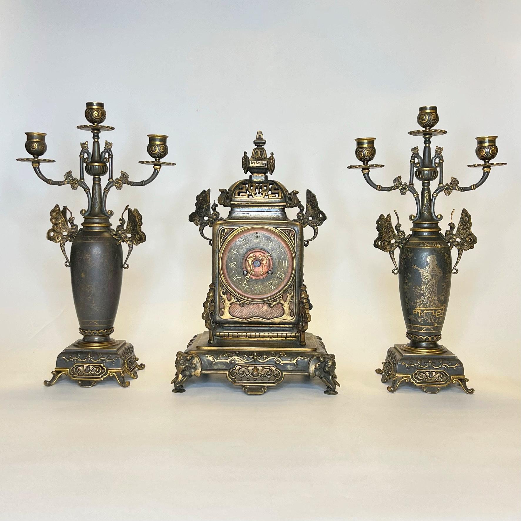 Japonisme 19th Century French Japanese Style Bronze Mantel Clock and Candelabra Garniture