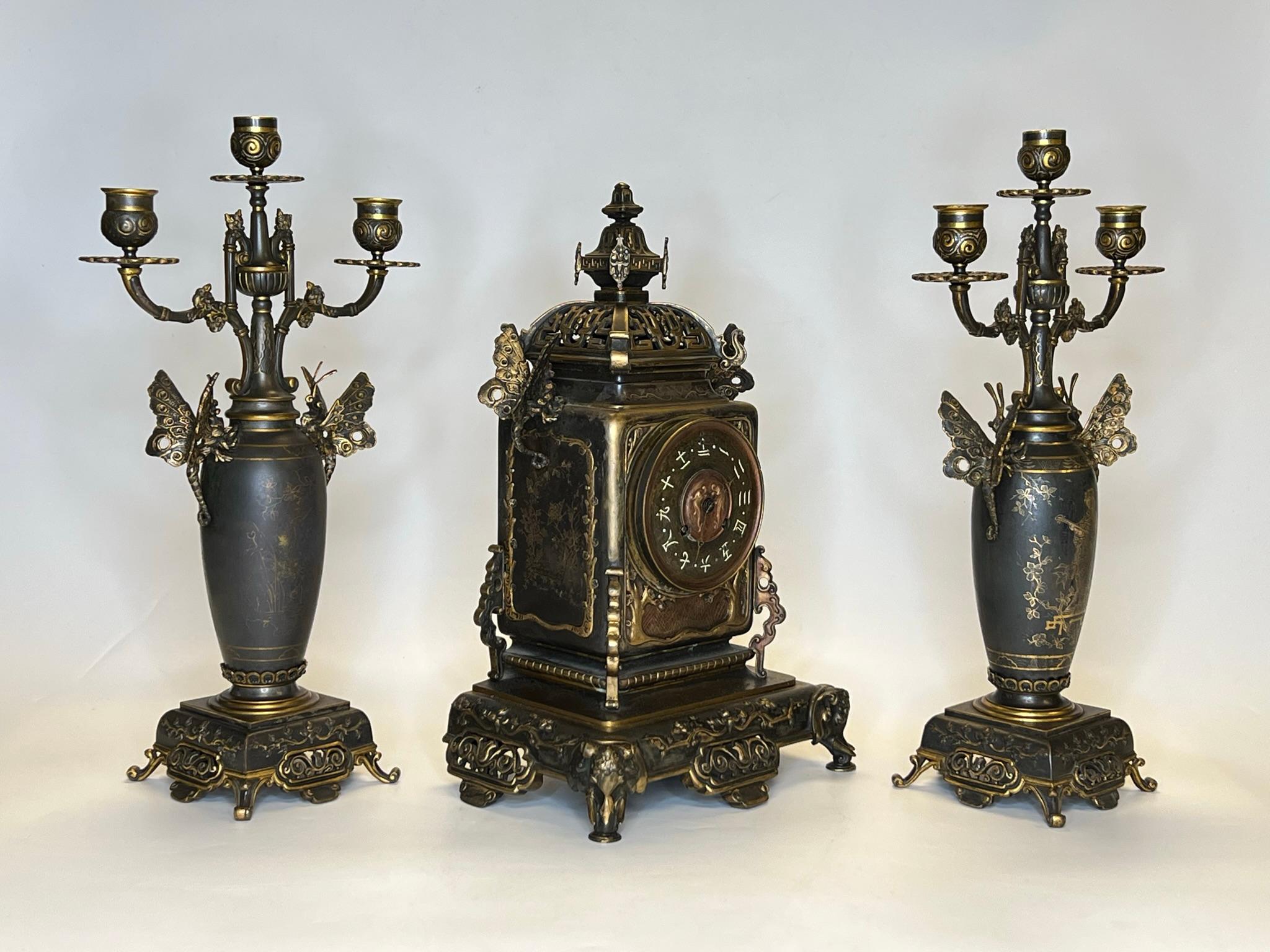 Gilt 19th Century French Japanese Style Bronze Mantel Clock and Candelabra Garniture
