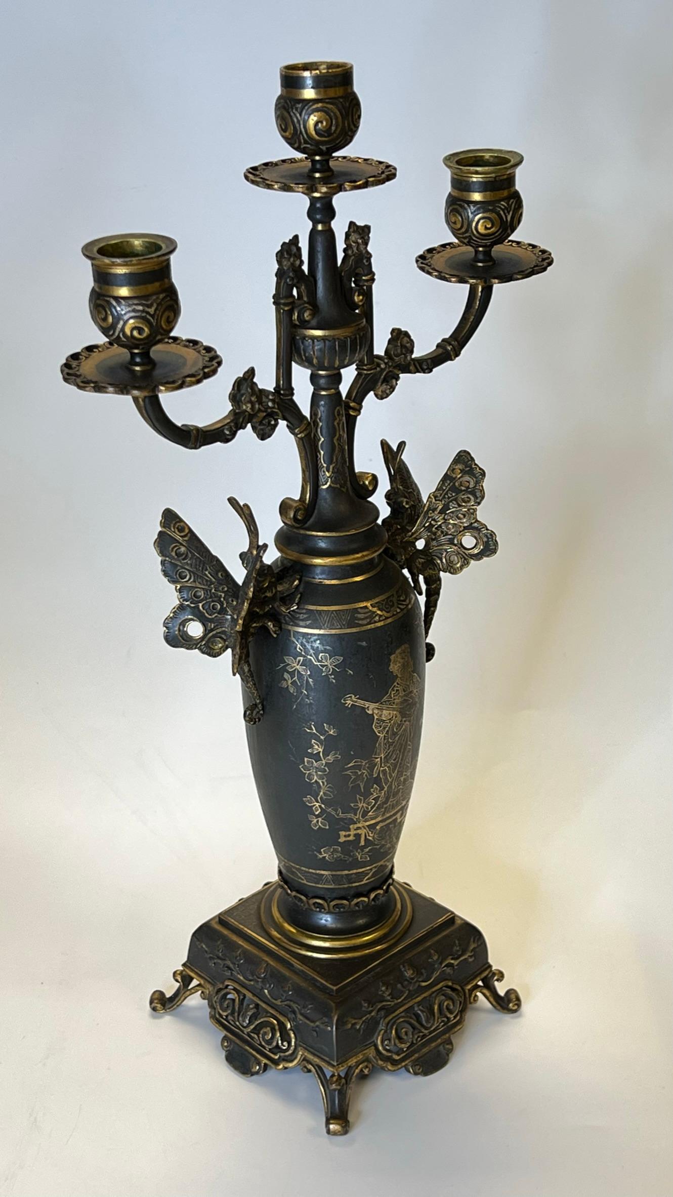 19th Century French Japanese Style Bronze Mantel Clock and Candelabra Garniture In Good Condition In New York, NY