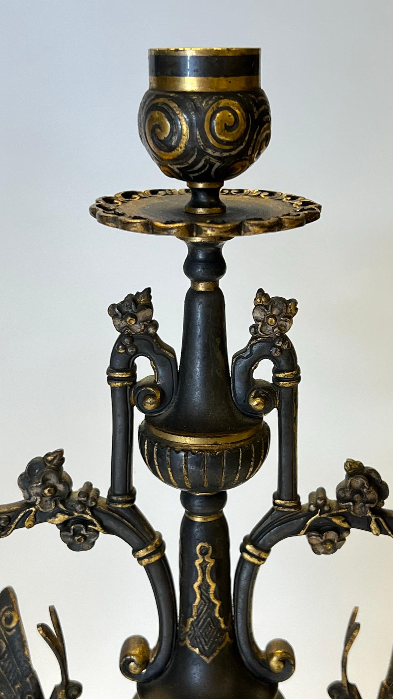 19th Century French Japanese Style Bronze Mantel Clock and Candelabra Garniture 4
