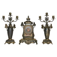 19th Century French Japanese Style Bronze Mantel Clock and Candelabra Garniture