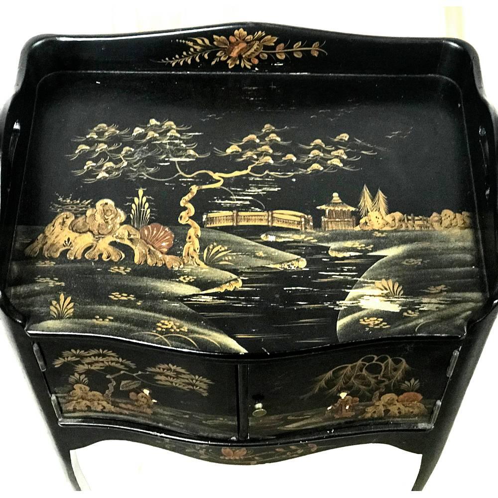 19th Century French Japanned Black Hand-Painted Lacquer Nightstand, End Table 4