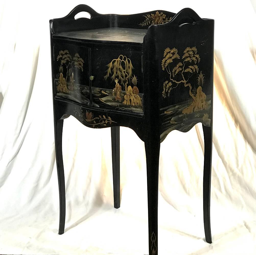 19th Century French Japanned Black Hand-Painted Lacquer Nightstand, End Table 5