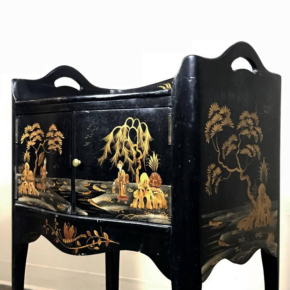 19th Century French Japanned Black Hand-Painted Lacquer Nightstand, End Table 6