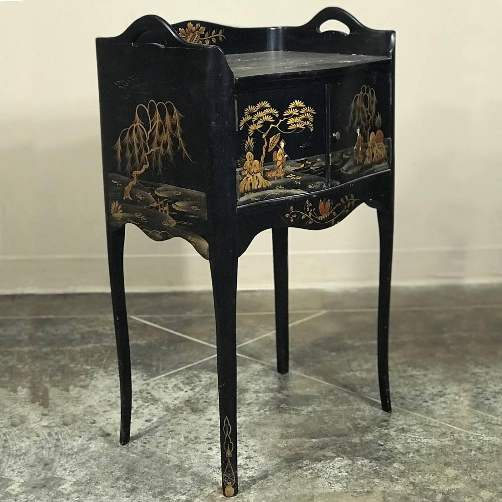 19th century French Japanned nightstand, end table is a product of the late 19th century which saw the popularity of all things Oriental reach a crescendo of fashion! This example, rendered by talented French artisans, features the black polished