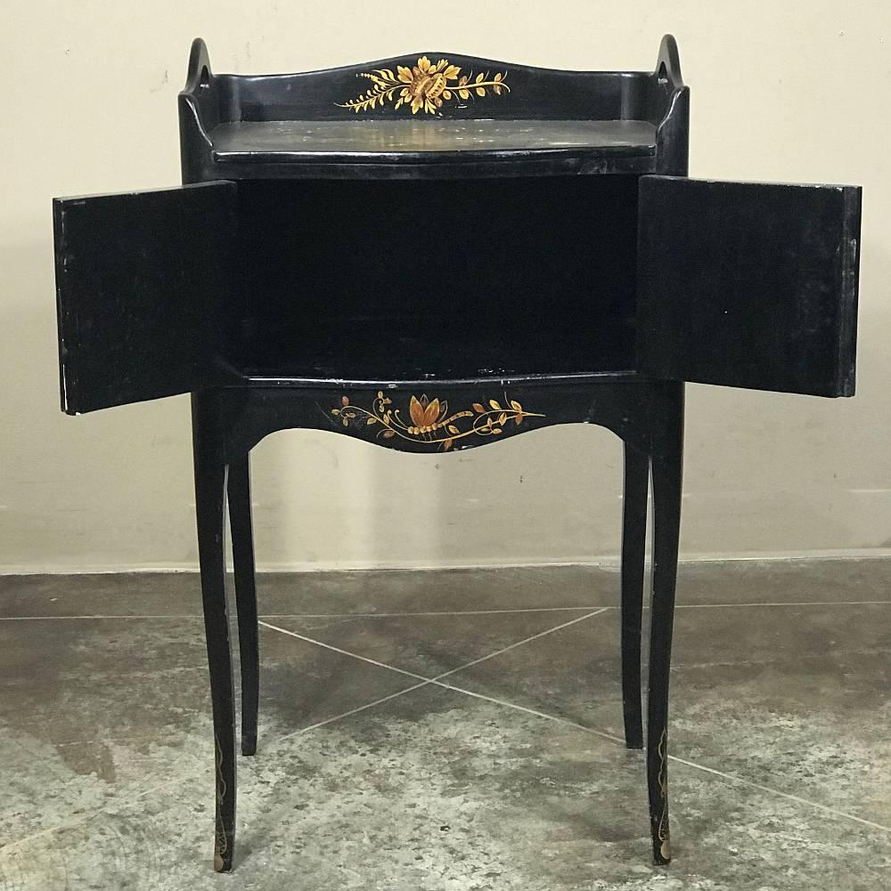 Late 19th Century 19th Century French Japanned Black Hand-Painted Lacquer Nightstand, End Table