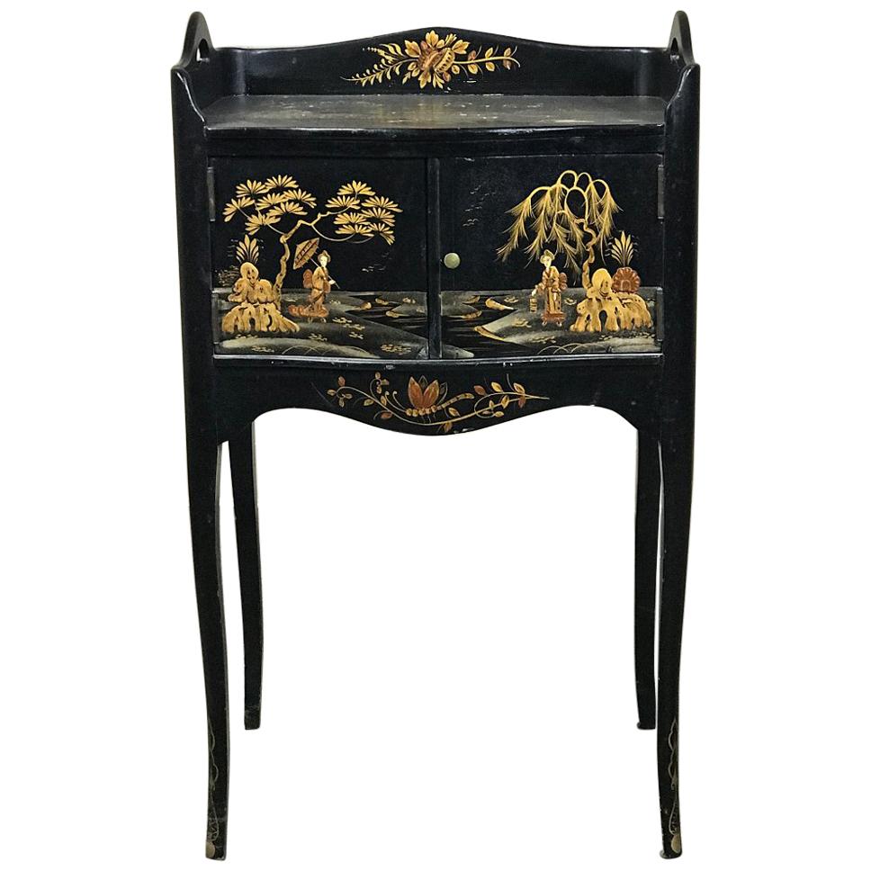 19th Century French Japanned Black Hand-Painted Lacquer Nightstand, End Table