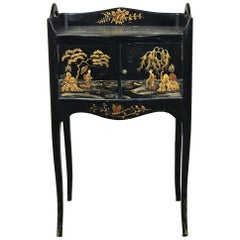 19th Century French Japanned Black Hand-Painted Lacquer Nightstand, End Table