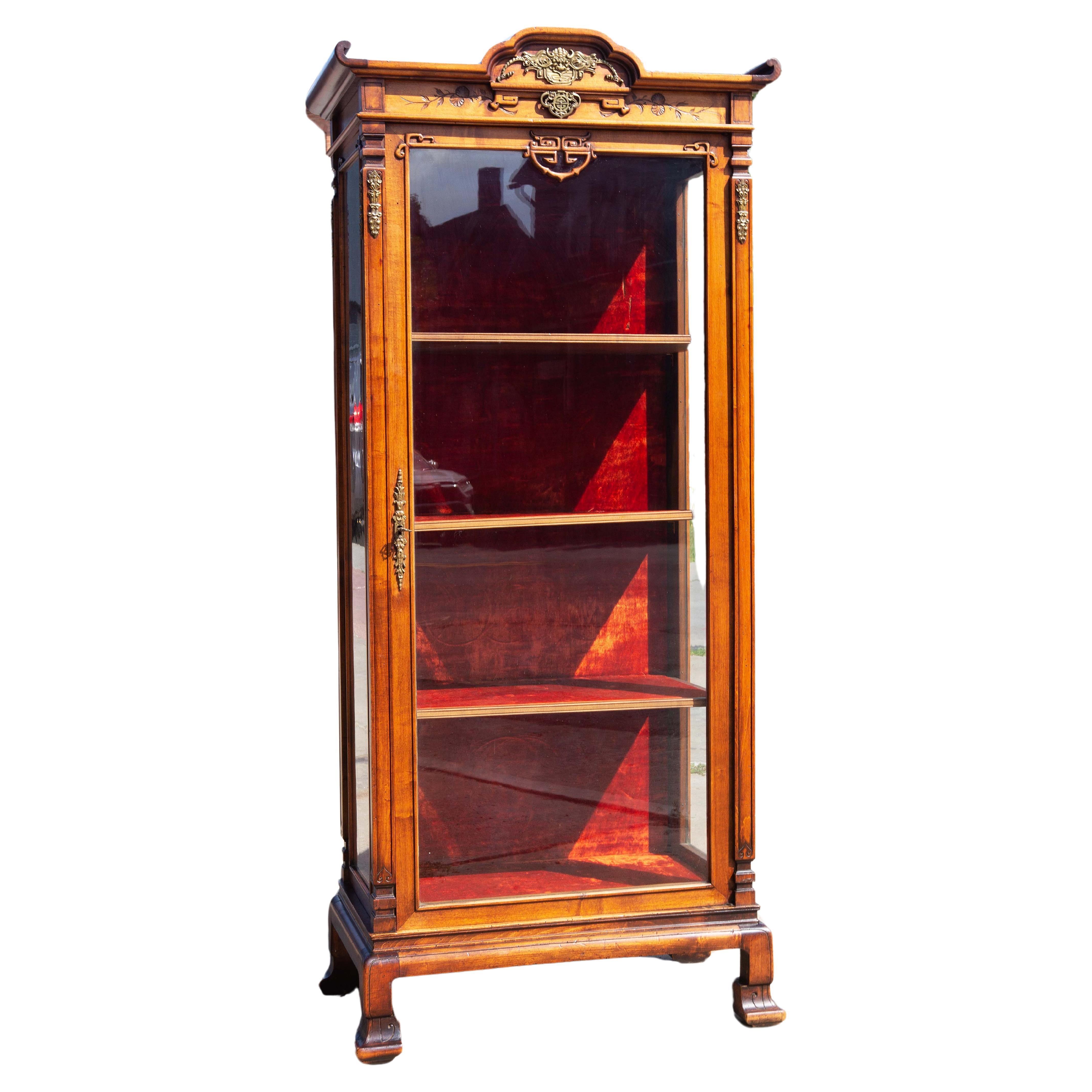 Exotic Japanese French vitrines attributed to Gabriel Viardot. Carved hardwood with Fine brass mounts. Interior with old silk velvet. Great size. France. 19th century. Please, contact us for shipping options. 
  

Gabriel Viardot opened his own