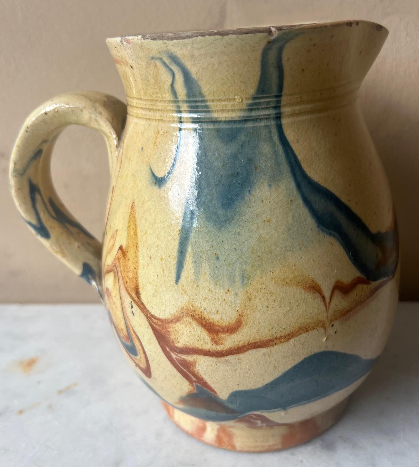 Hand-Painted 19th Century French Jaspe Country Pitcher For Sale