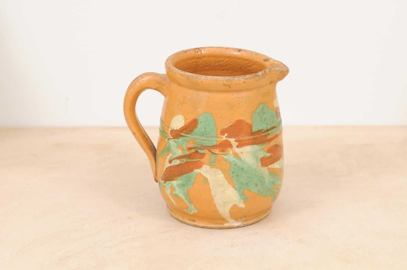 19th Century French Jaspe Pottery Pitcher with Yellow Glaze and Green Accents For Sale 1