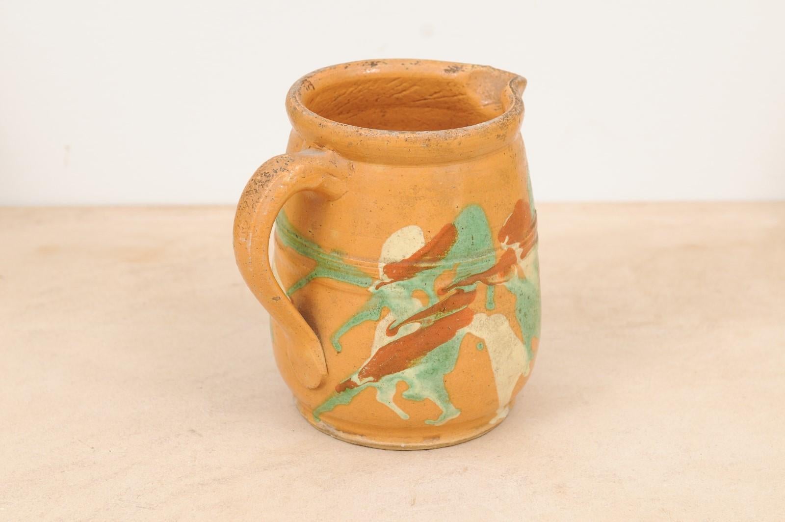 19th Century French Jaspe Pottery Pitcher with Yellow Glaze and Green Accents For Sale 2