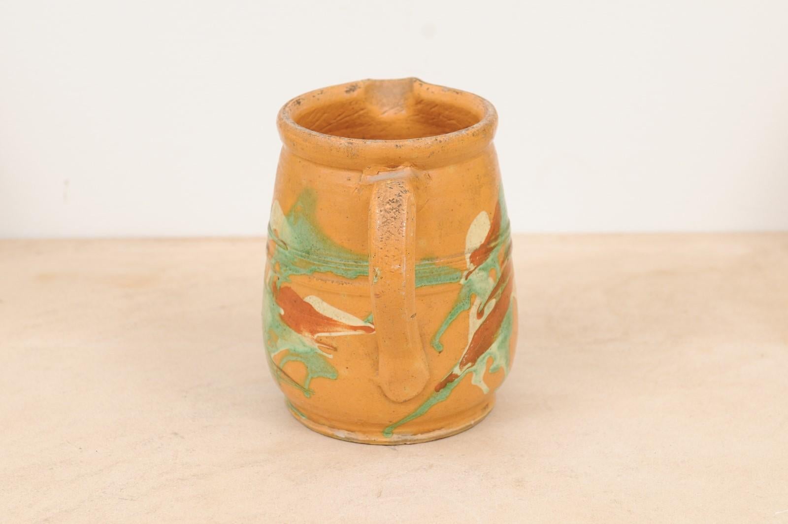 19th Century French Jaspe Pottery Pitcher with Yellow Glaze and Green Accents For Sale 3