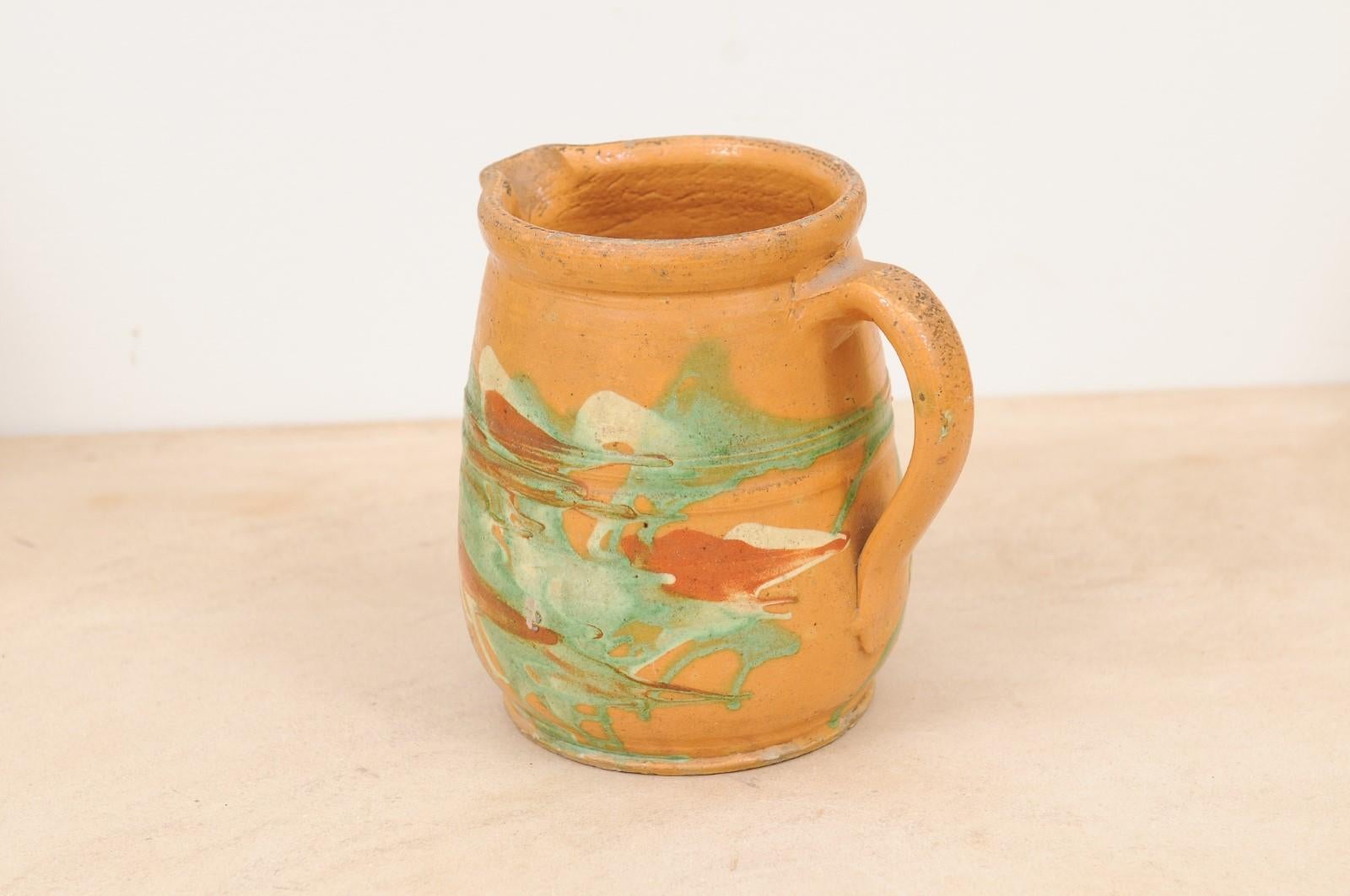 19th Century French Jaspe Pottery Pitcher with Yellow Glaze and Green Accents For Sale 4