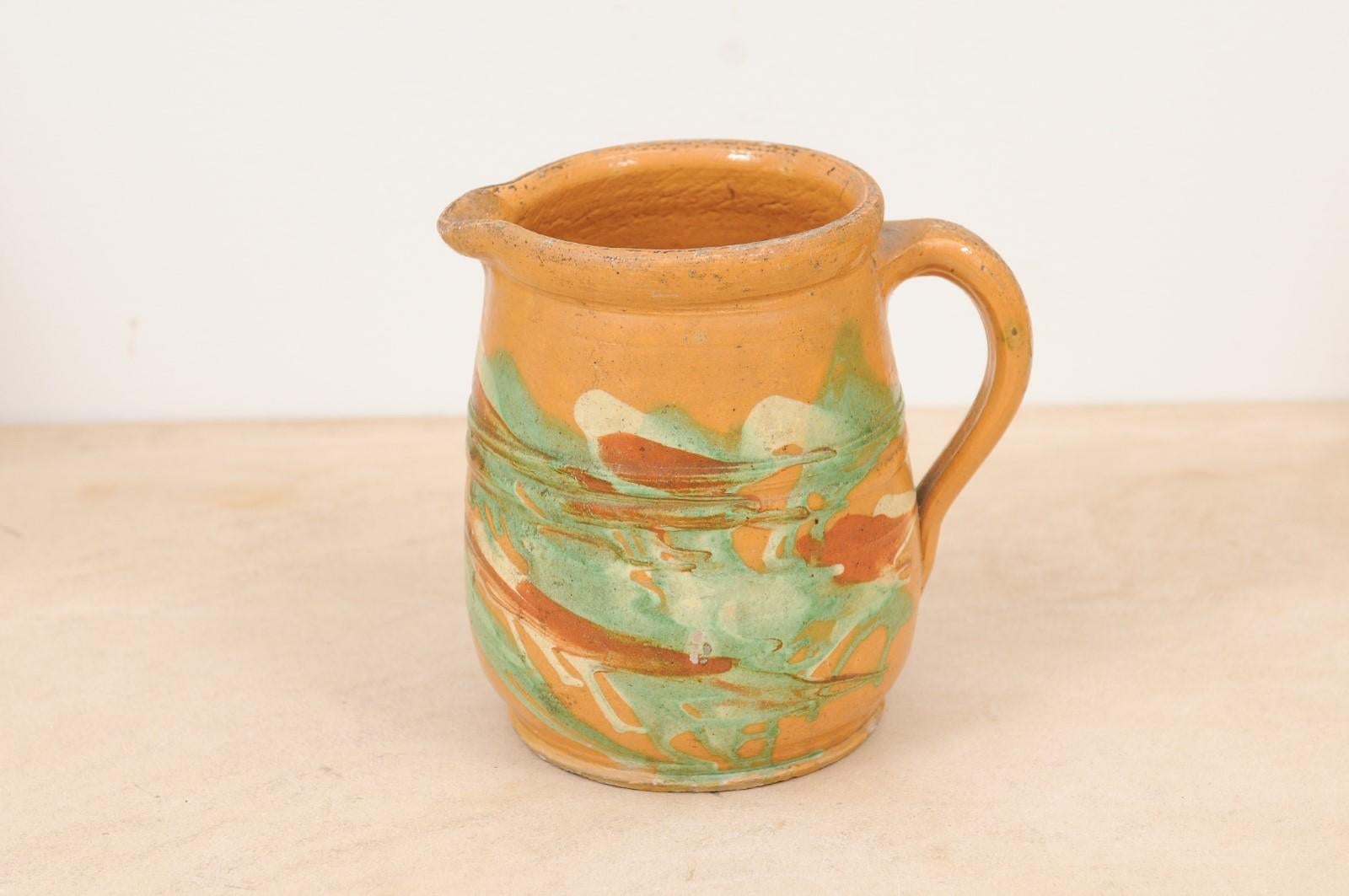 19th Century French Jaspe Pottery Pitcher with Yellow Glaze and Green Accents For Sale 5