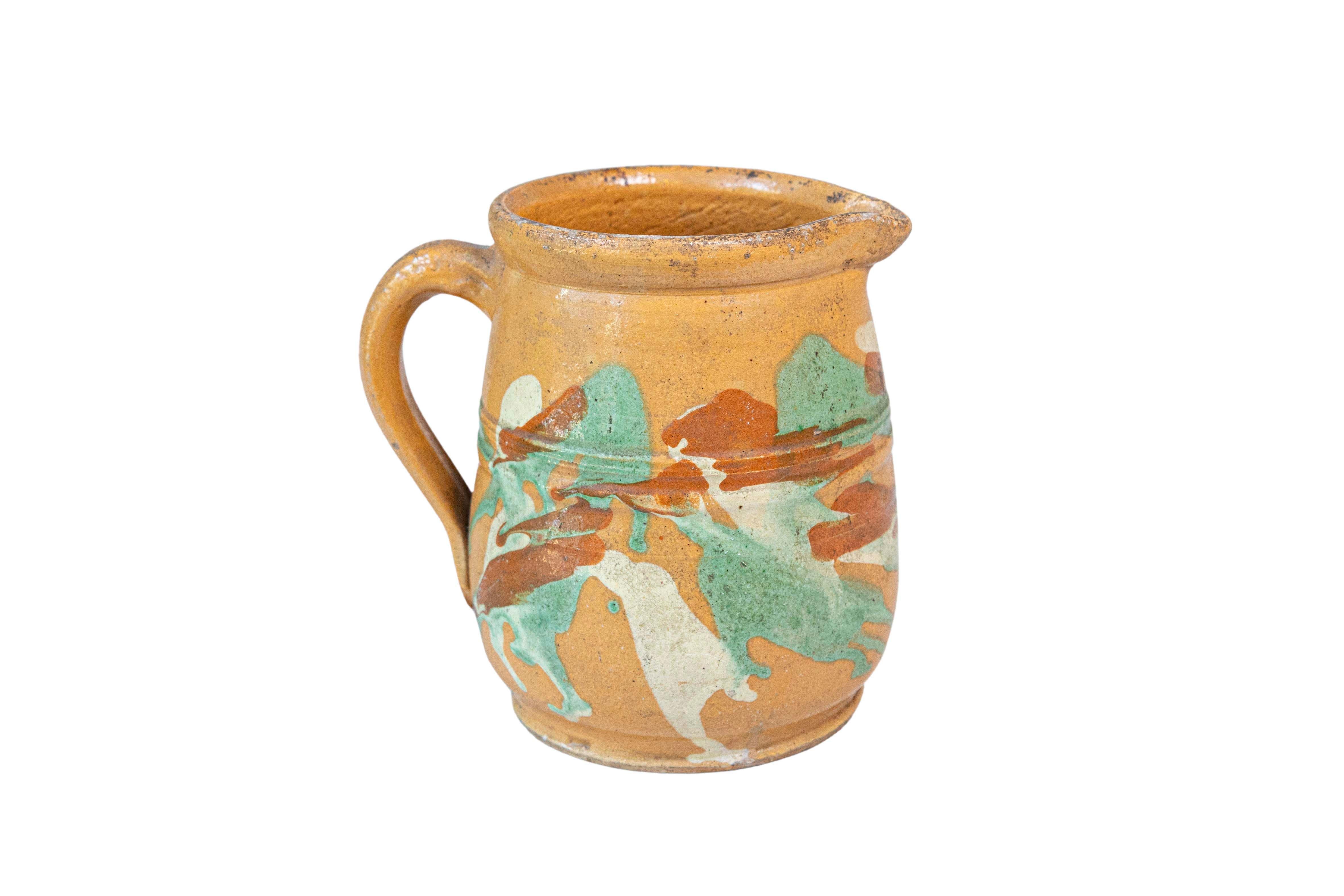 19th Century French Jaspe Pottery Pitcher with Yellow Glaze and Green Accents