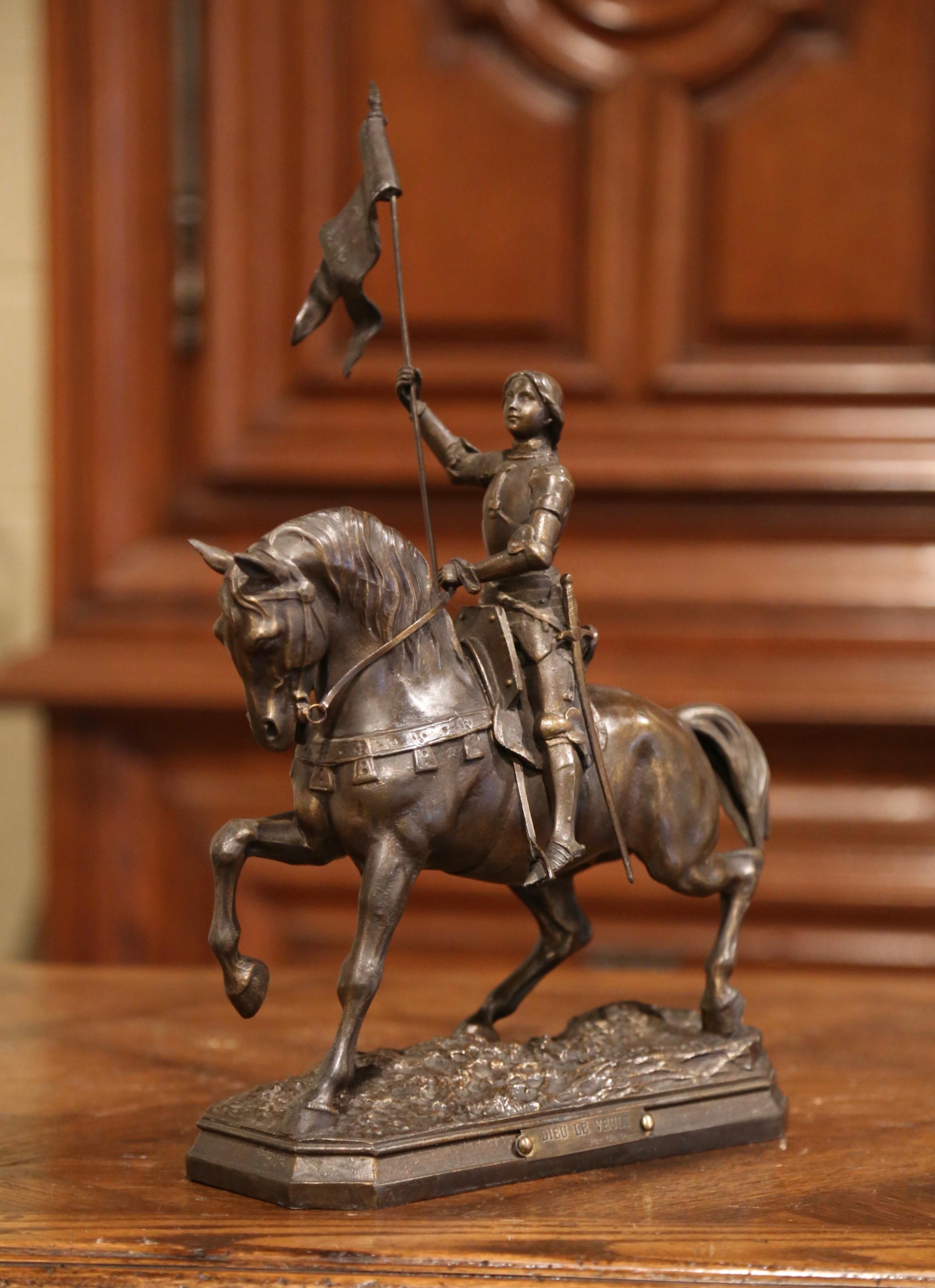 19th Century French Joan of Arc on Horse Patinated Spelter Figure Signed Perron 1