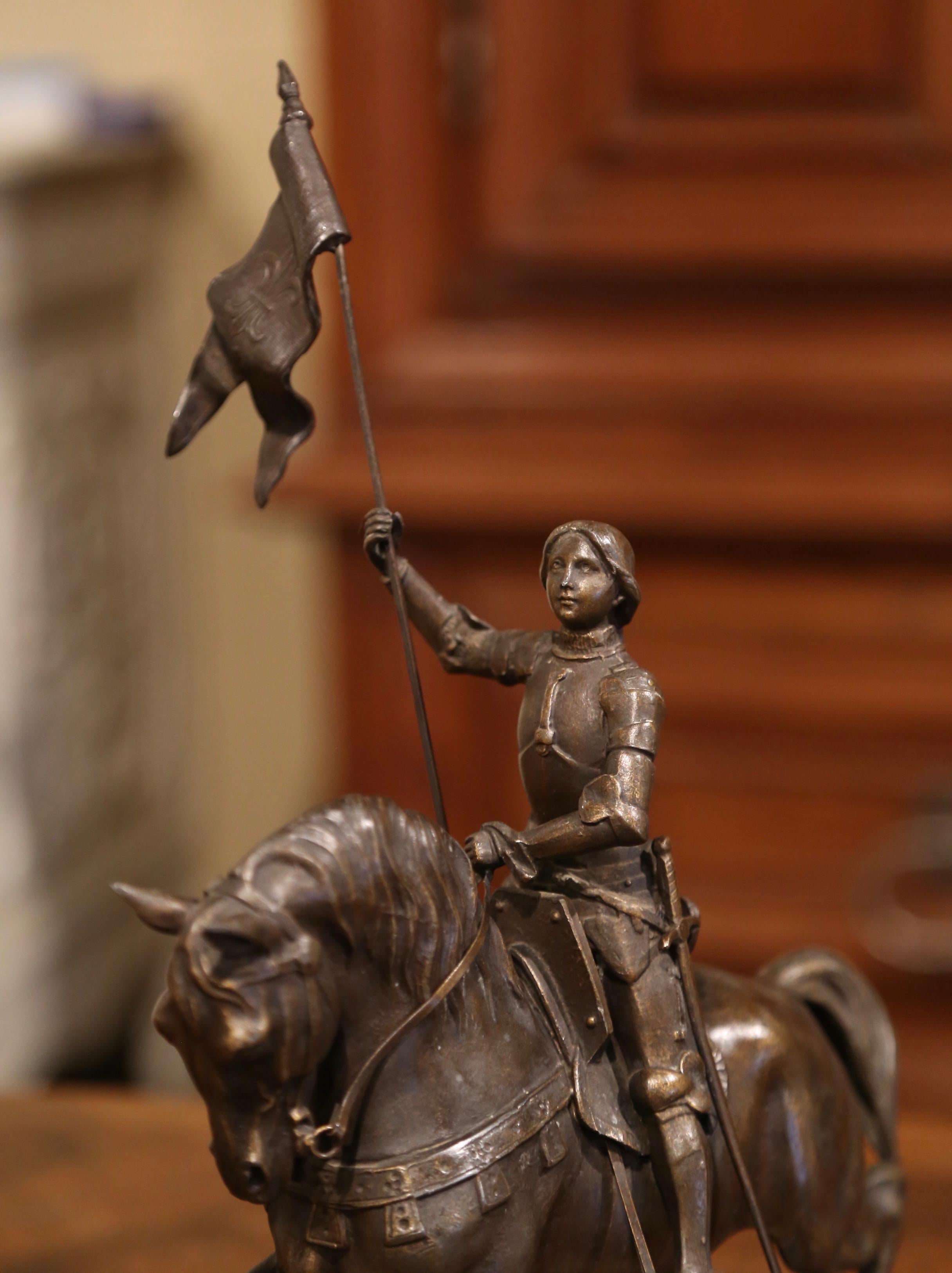 19th Century French Joan of Arc on Horse Patinated Spelter Figure Signed Perron 1