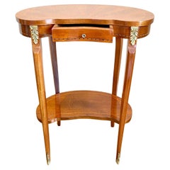 Antique 19th Century French Kidney Side Table in Veneer Wood on Two Levels