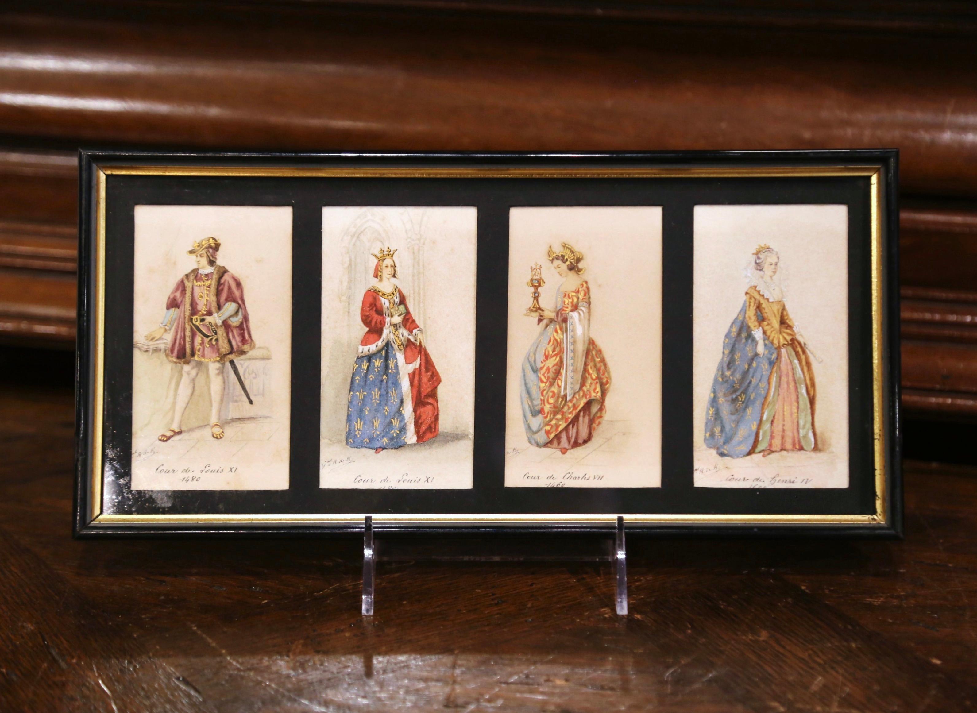 Decorate a bathroom or a walking closet with this collection of antique prints. Crafted in France during the Napoleon III period from 1848-1870, each piece is set in a simple black and gold frame protected with glass, and depicts 3 kings of France