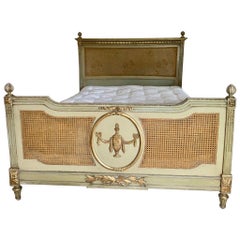 19th Century French King Size Bed with Original Paint and Gilt with Cane Panels