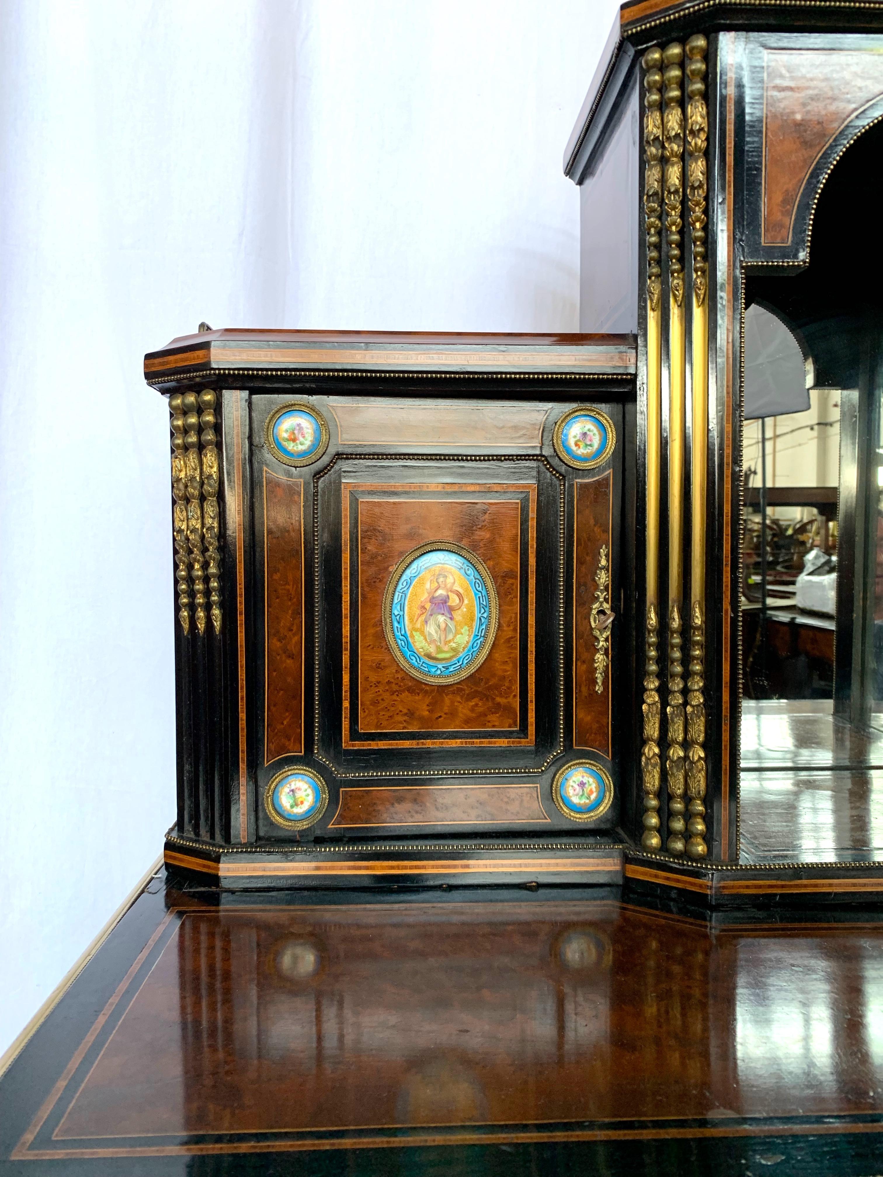 Carved 19th Century French Kingwood and Porcelain Mirrored Cabinet on Stand For Sale