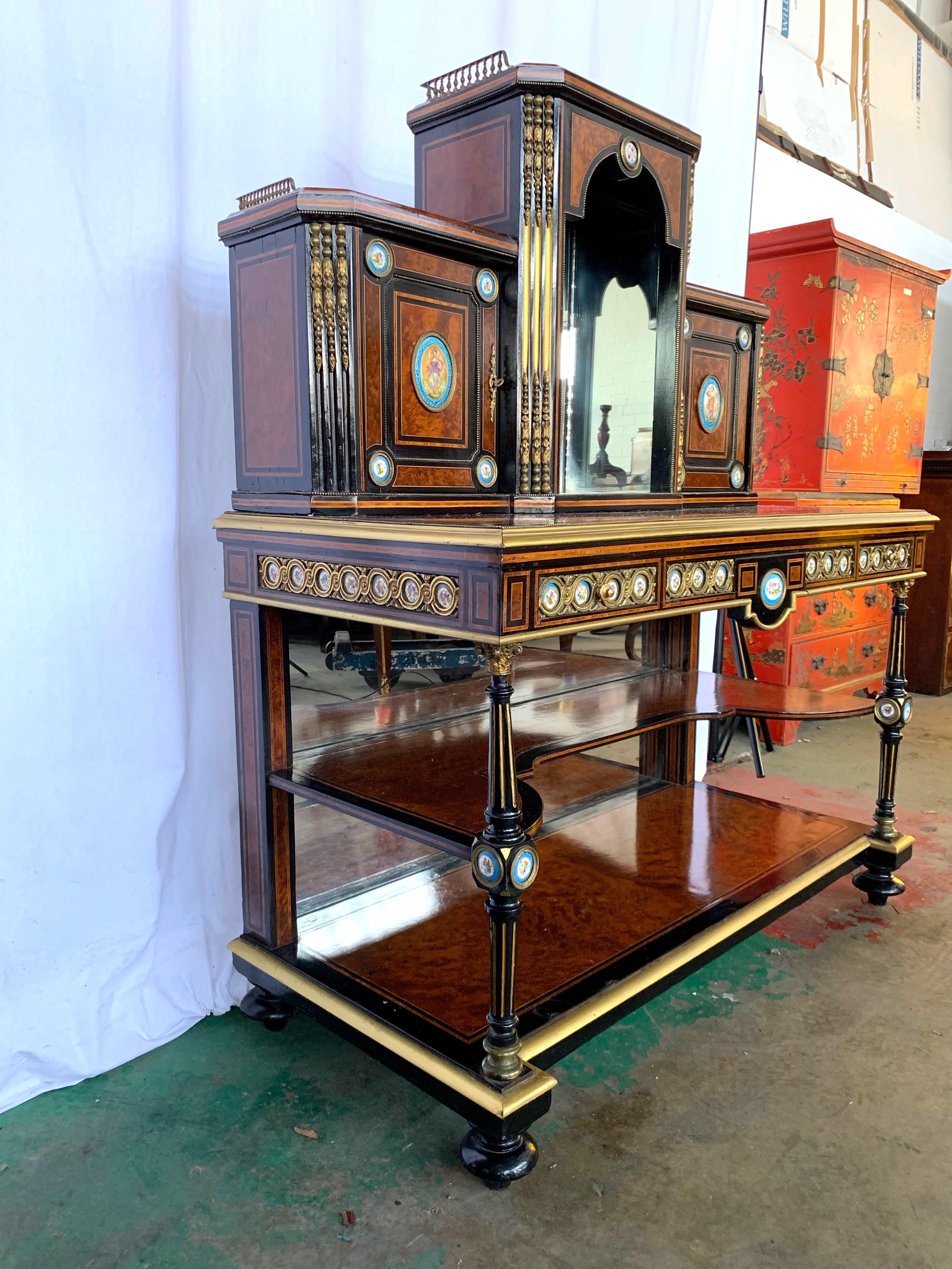 Wood 19th Century French Kingwood and Porcelain Mirrored Cabinet on Stand For Sale