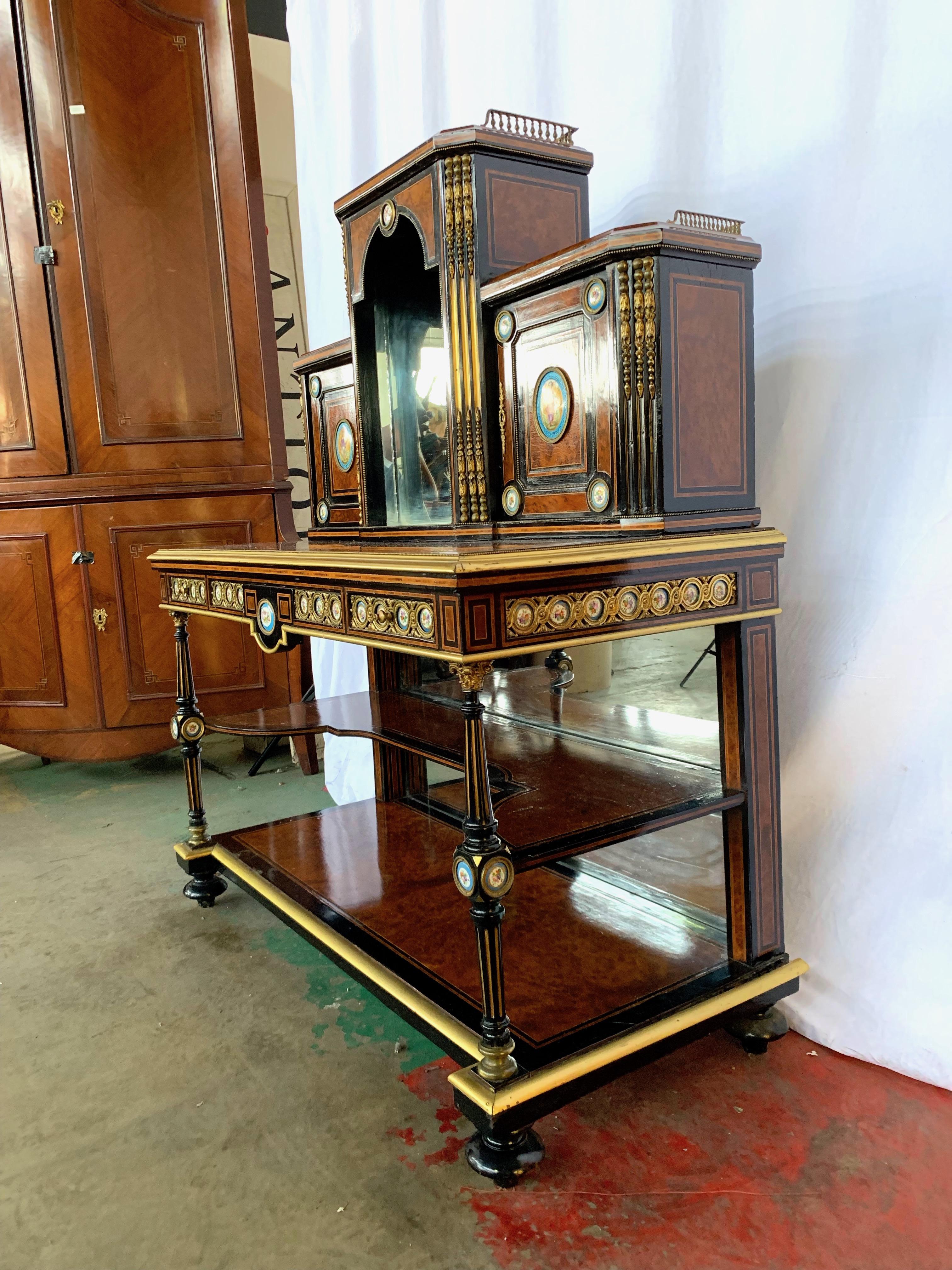 19th Century French Kingwood and Porcelain Mirrored Cabinet on Stand For Sale 1