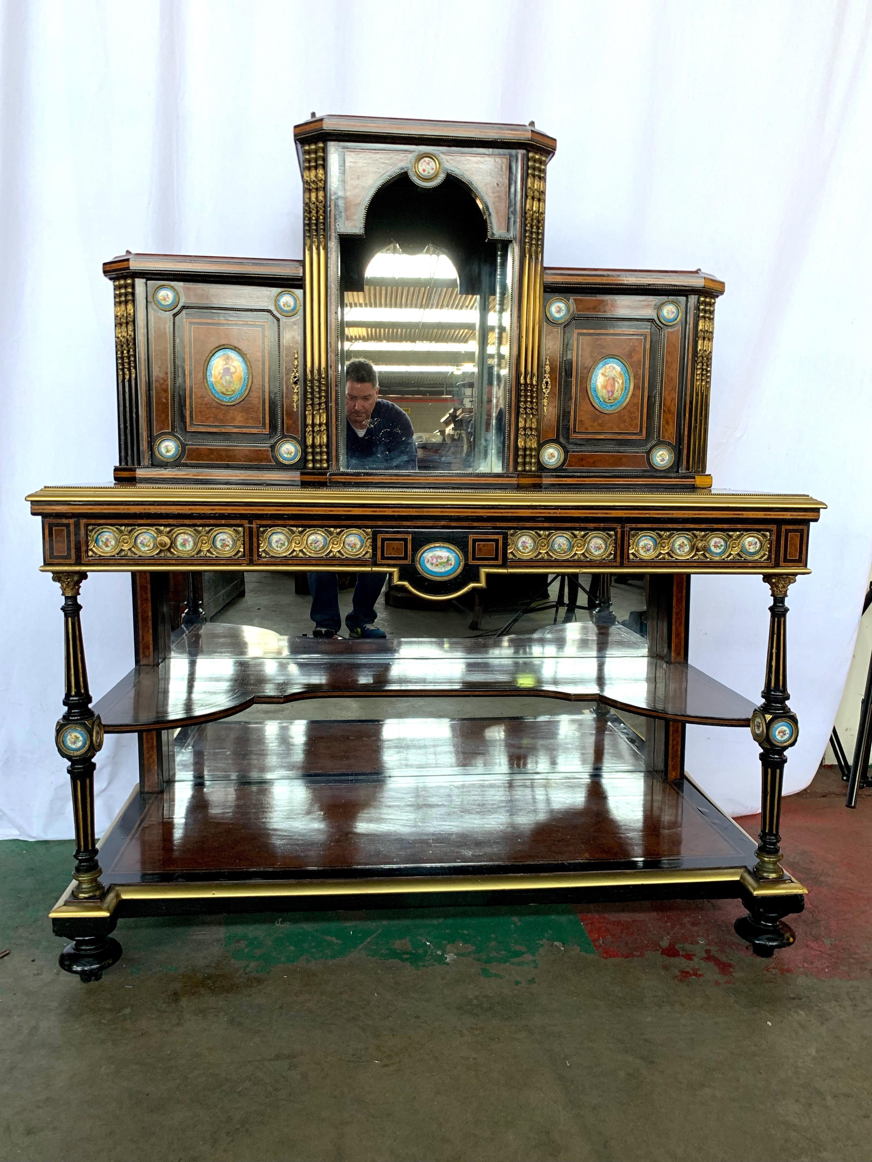 19th Century French Kingwood and Porcelain Mirrored Cabinet on Stand For Sale 2