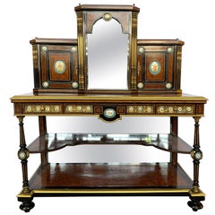 Antique 19th Century French Kingwood and Porcelain Mirrored Cabinet on Stand