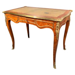 19th Century French Kingwood Bureau Plat with Brass Mounts and Leather Top