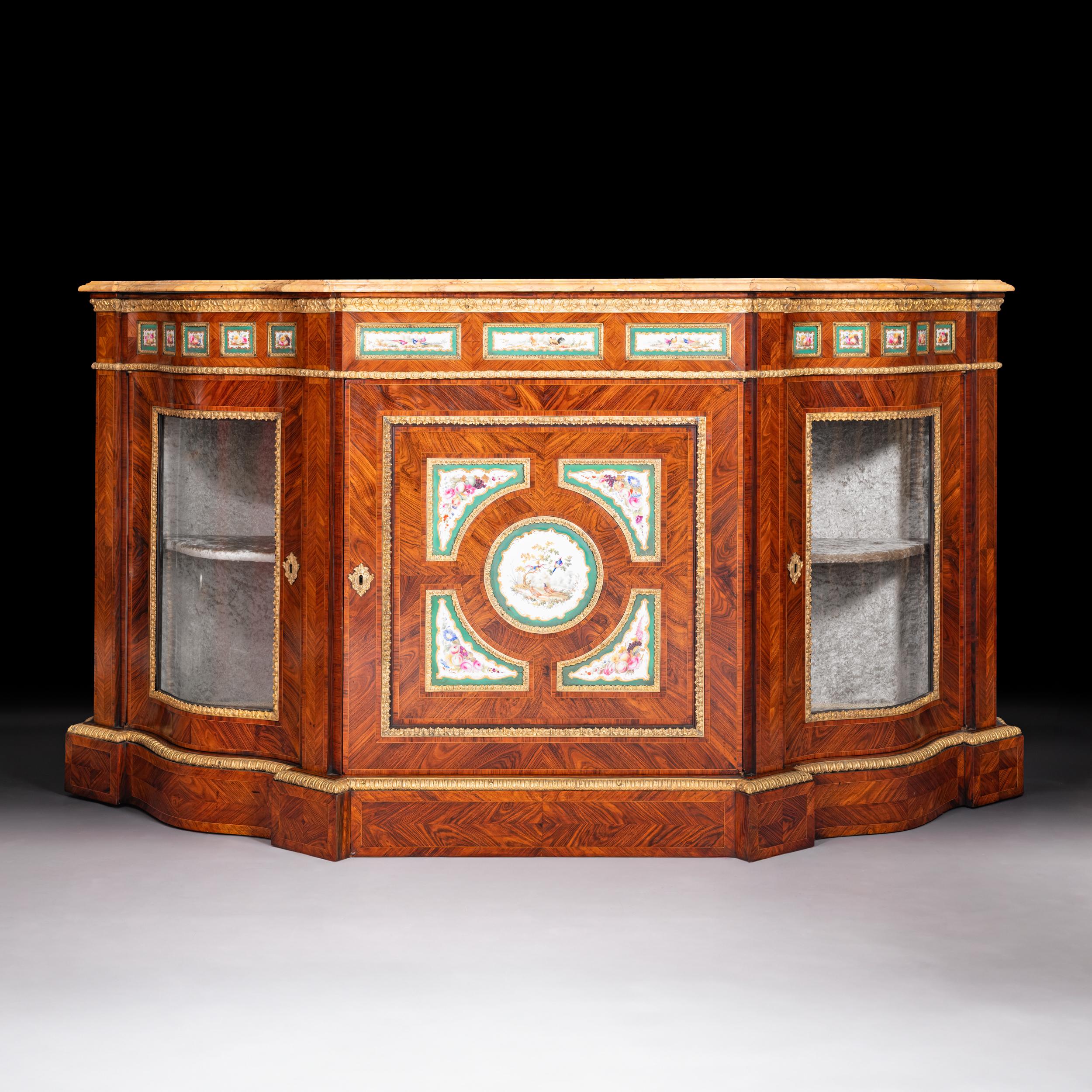 Victorian 19th Century French Kingwood Serpentine Shaped Credenza With Sienna Marble Top For Sale