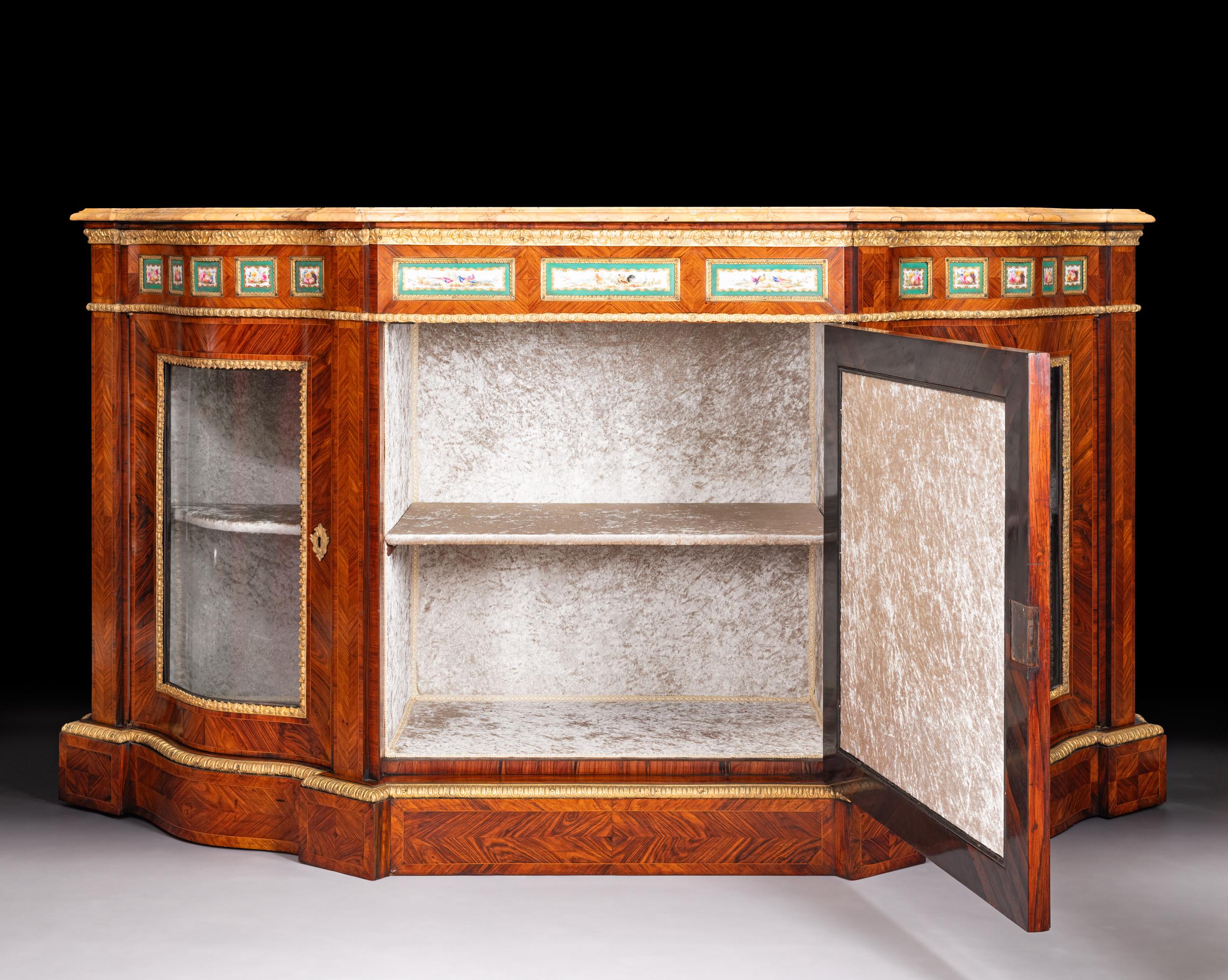 English 19th Century French Kingwood Serpentine Shaped Credenza With Sienna Marble Top For Sale