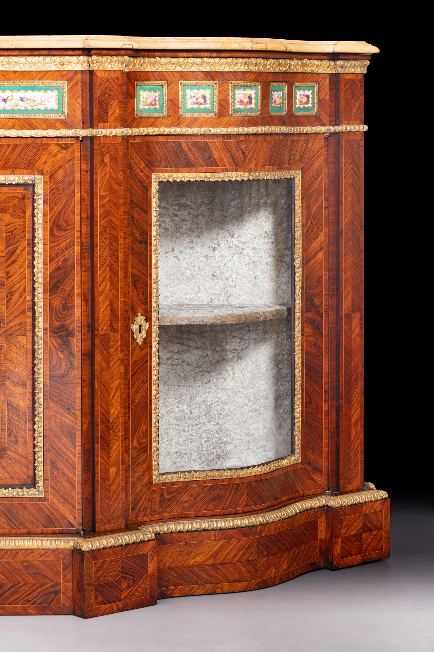 Siena Marble 19th Century French Kingwood Serpentine Shaped Credenza With Sienna Marble Top For Sale