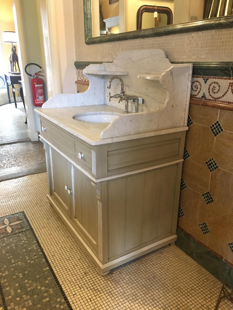 19th Century French Lacquered Cupboard Sink With Carrara Marble Top Victorian 19th Century French Lacquered Cupboard Sink With Carrara Marble Top 1890s For