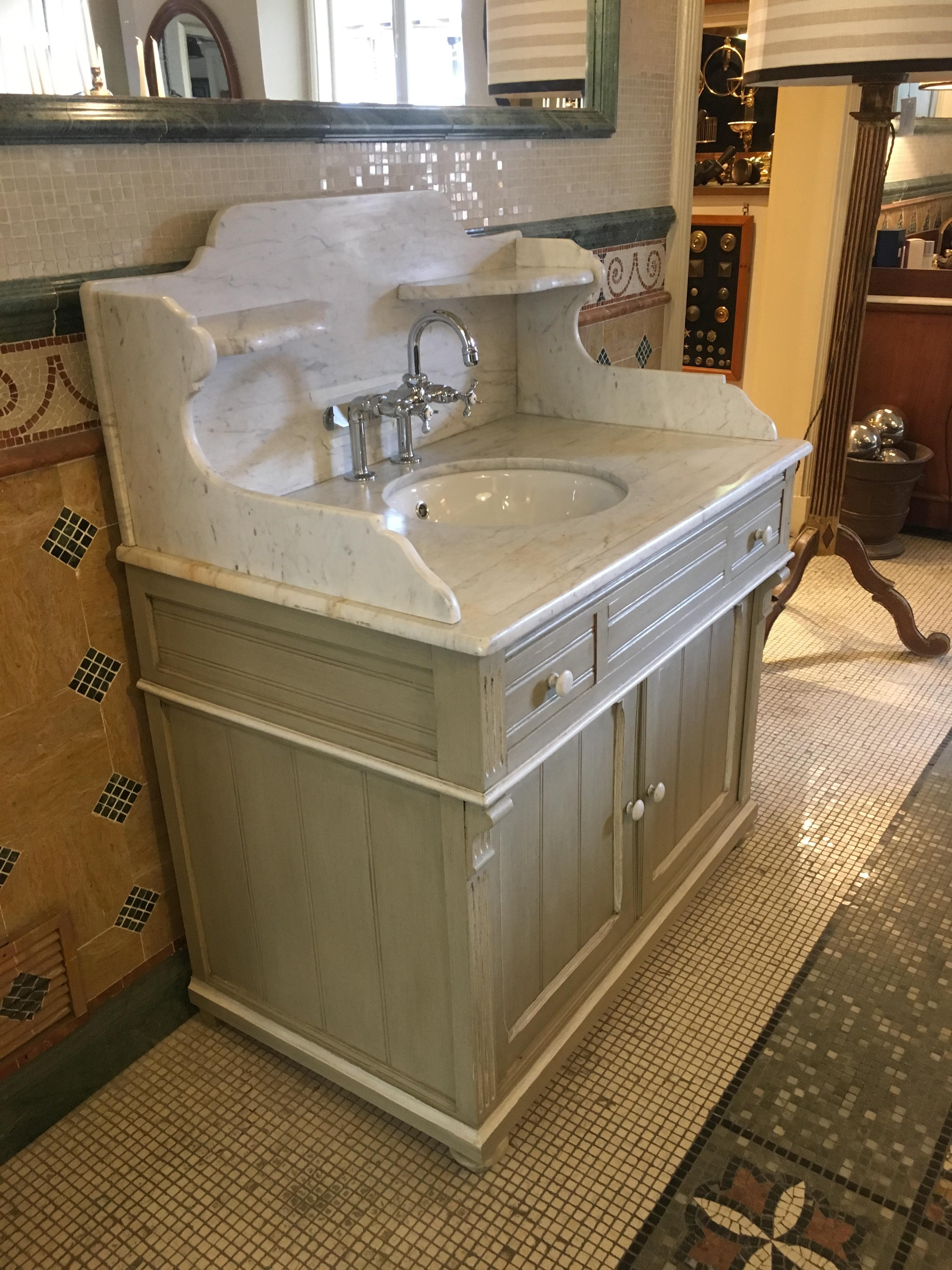 Victorian 19th Century French Lacquered Cupboard Sink with Carrara Marble Top, 1890s