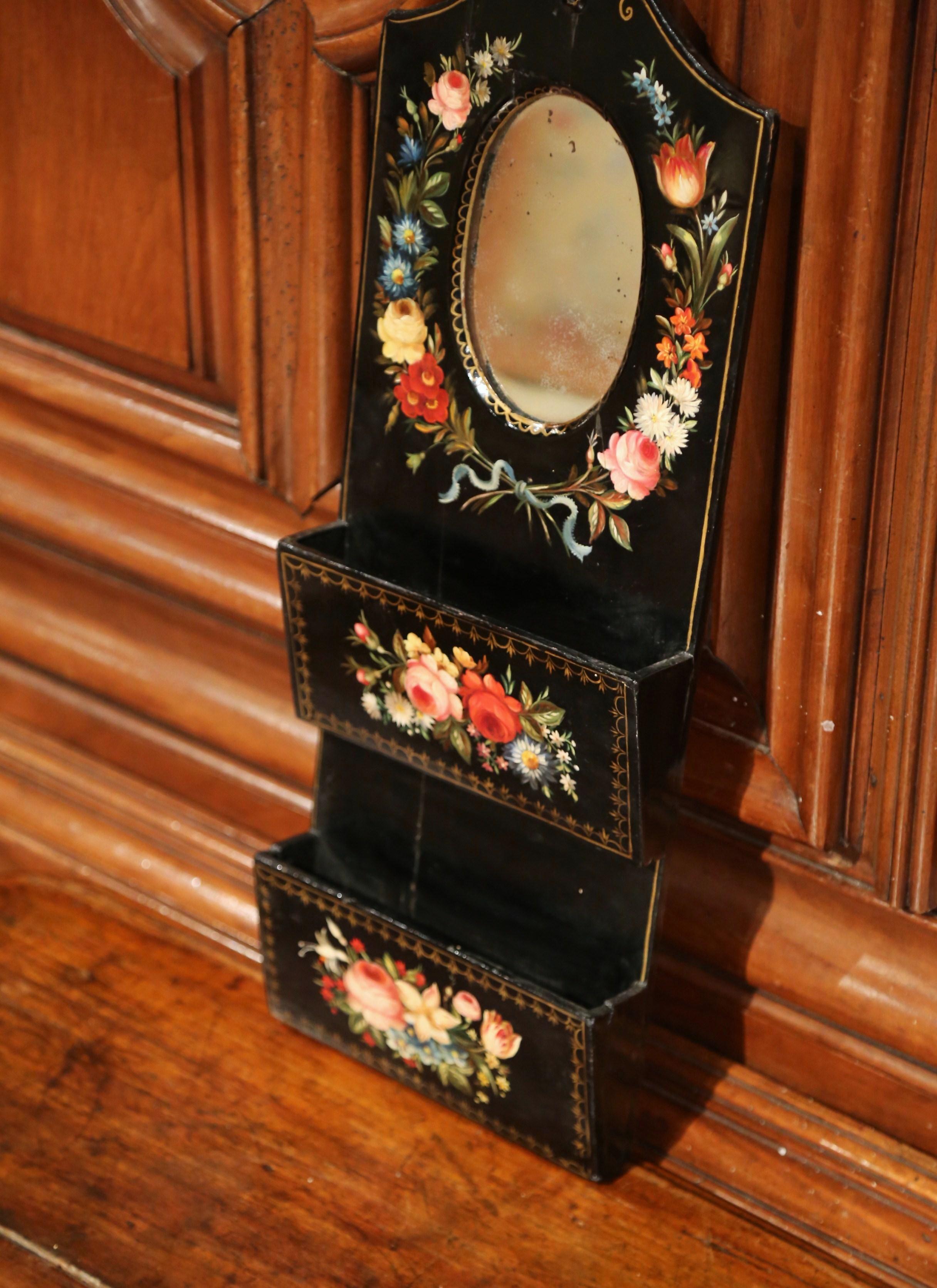 Napoleon III 19th Century French Lacquered Mirrored Letter Holder with Painted Floral Motifs