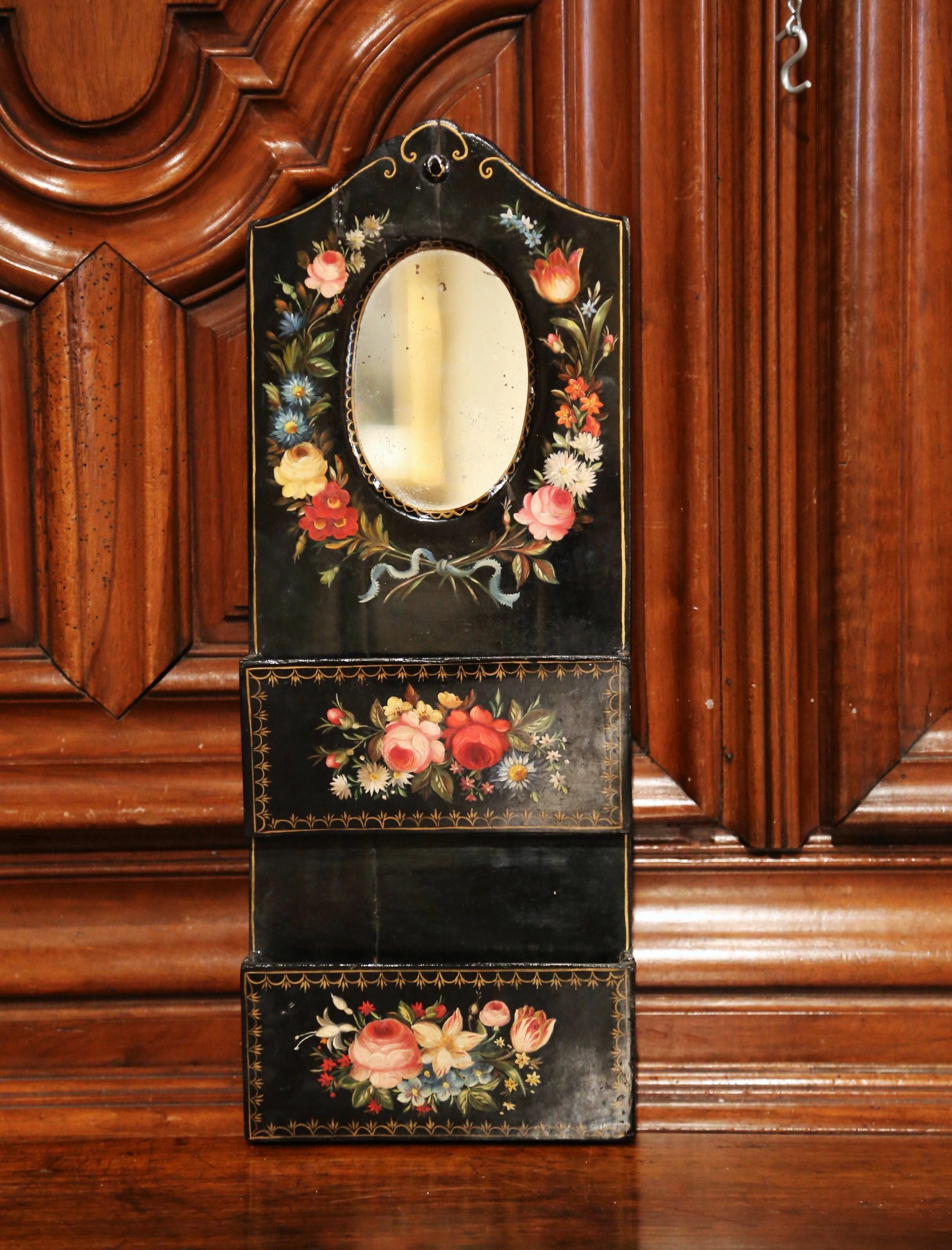 Patinated 19th Century French Lacquered Mirrored Letter Holder with Painted Floral Motifs