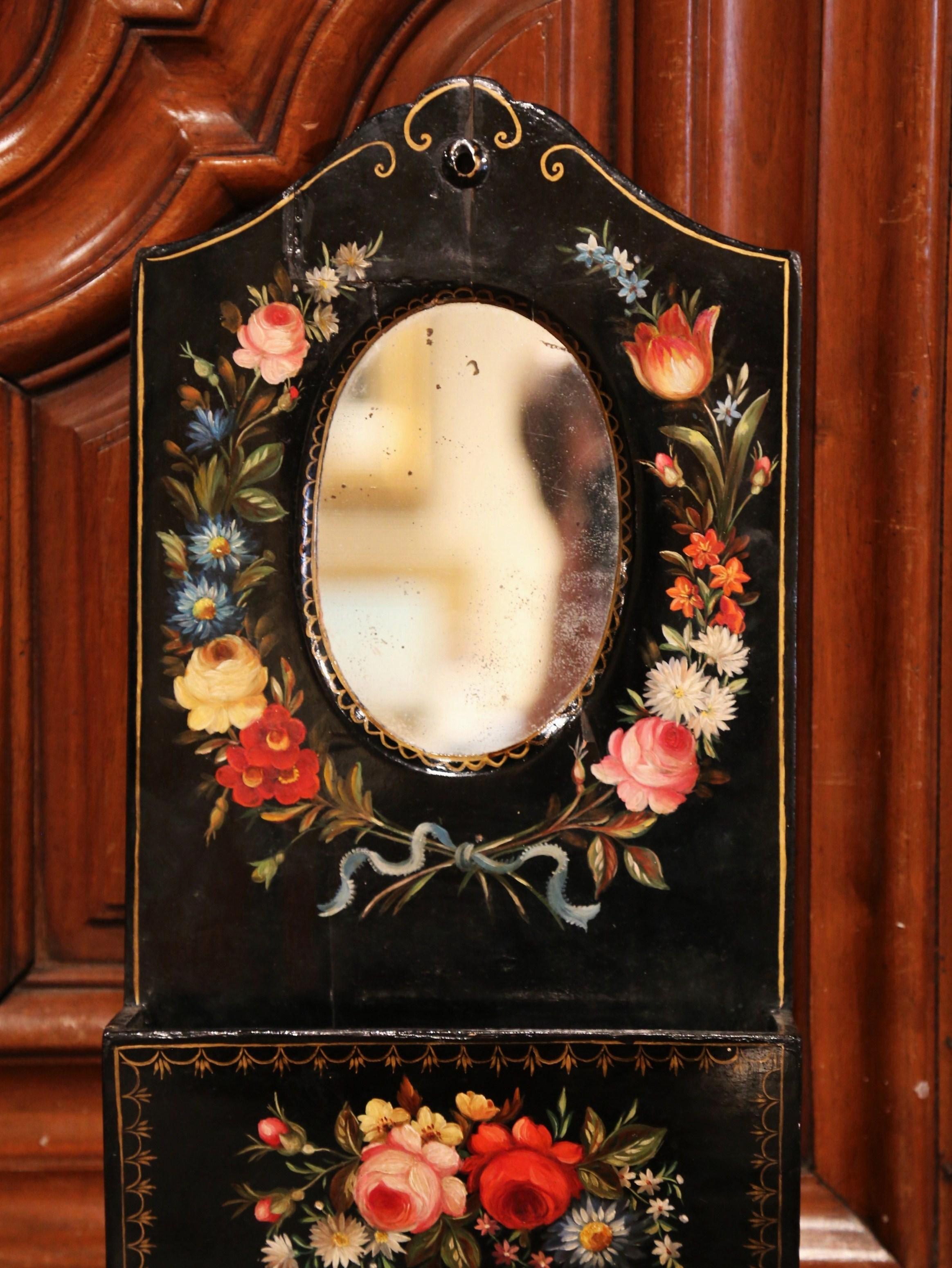 19th Century French Lacquered Mirrored Letter Holder with Painted Floral Motifs In Excellent Condition In Dallas, TX
