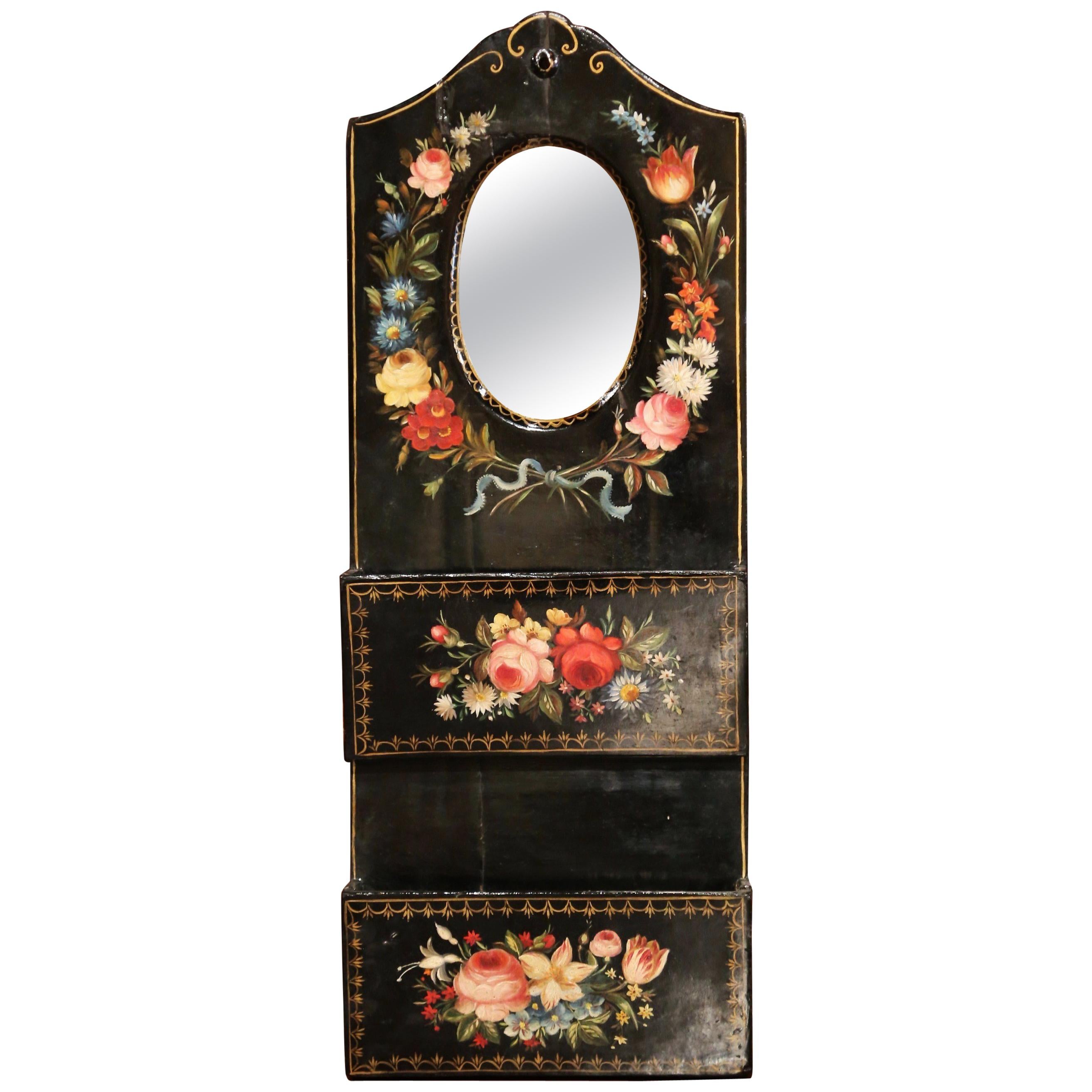 19th Century French Lacquered Mirrored Letter Holder with Painted Floral Motifs