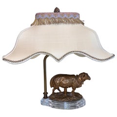 19th Century French Lamp with Bronze Sheep and Silk Shade