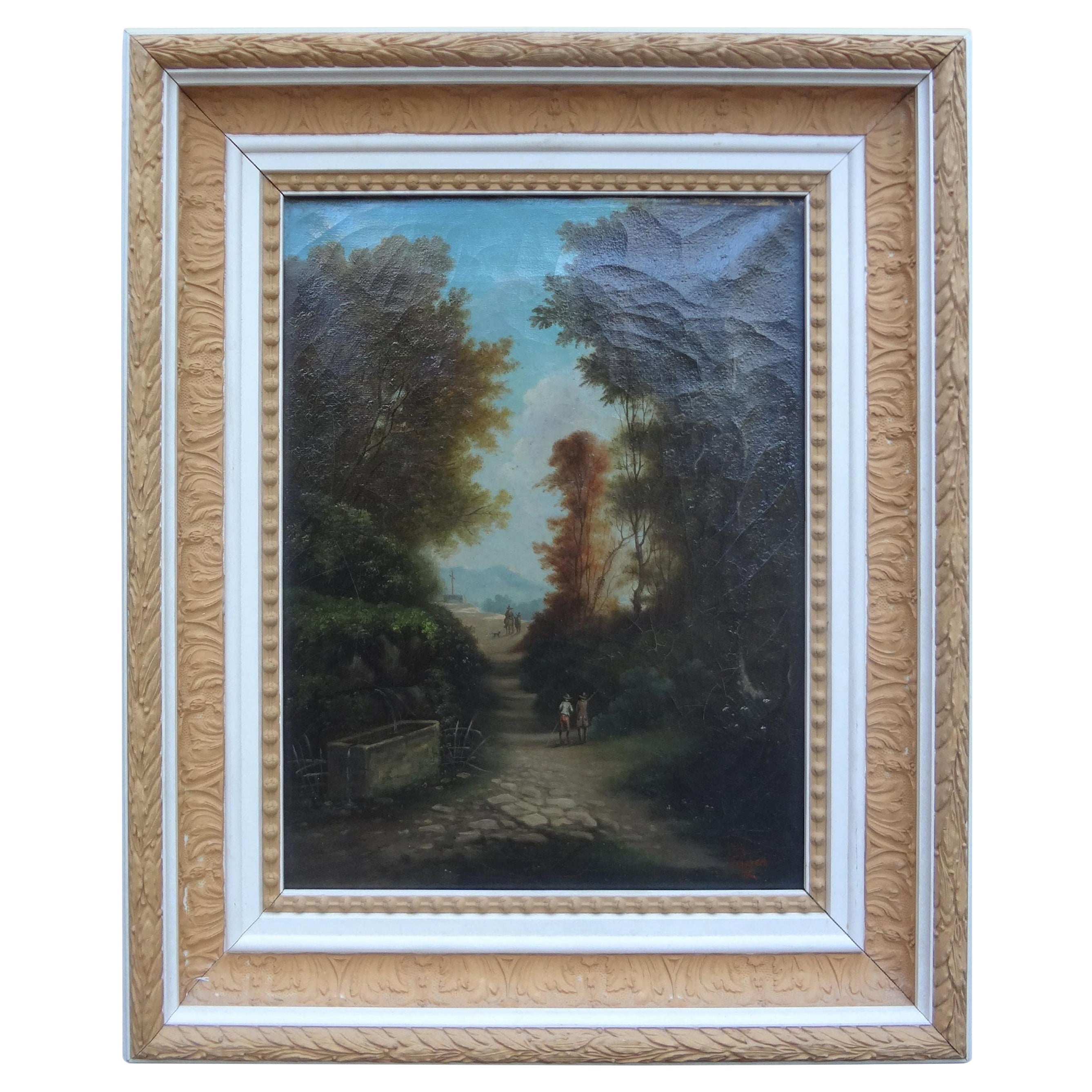 Französische Landschaft des 19. Jahrhunderts, Öl auf Leinwand, signierte Seiten im Angebot