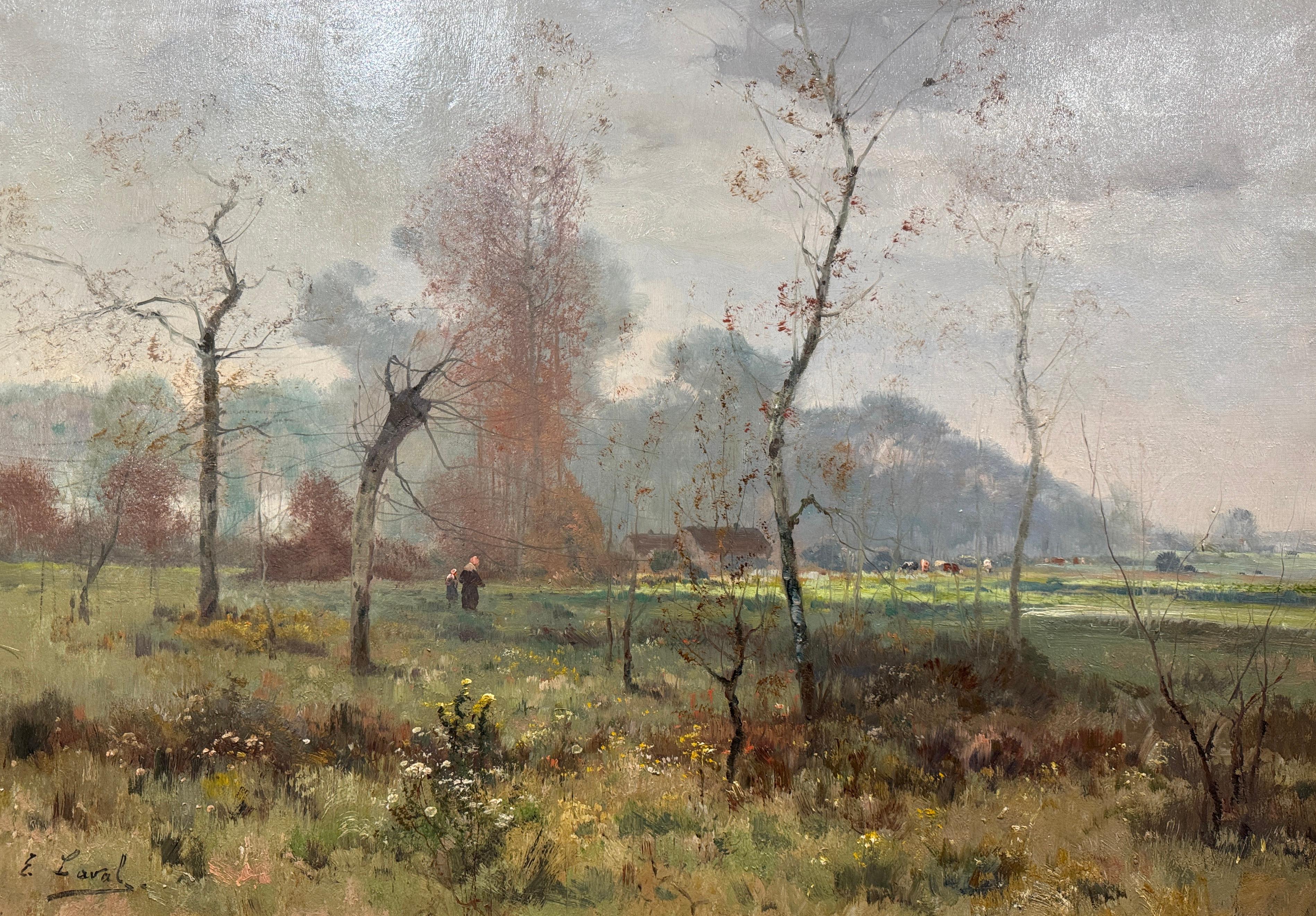 Barbizon School 19th Century French Landscape Oil Painting in Giltwood Frame Signed E. Laval For Sale