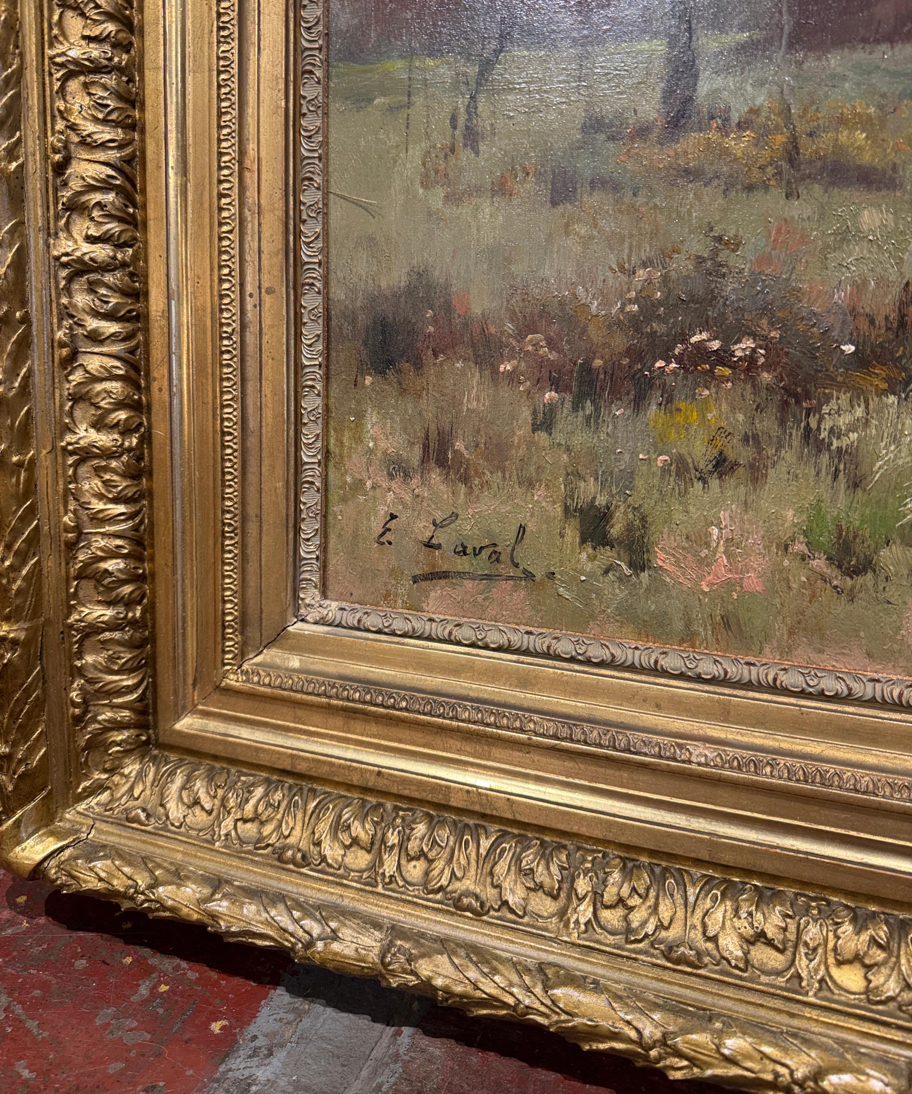 Carved 19th Century French Landscape Oil Painting in Giltwood Frame Signed E. Laval For Sale