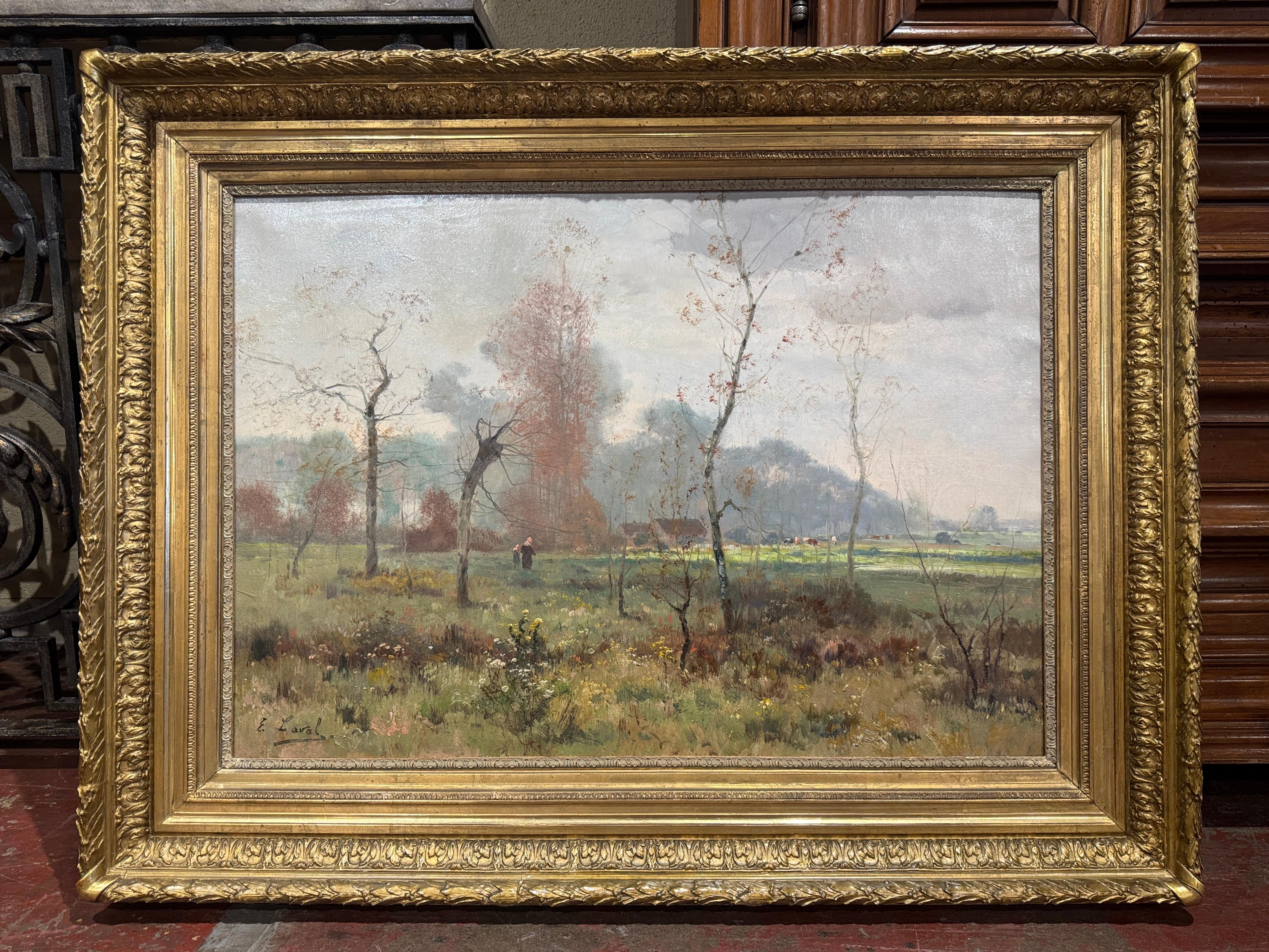19th Century French Landscape Oil Painting in Giltwood Frame Signed E. Laval In Excellent Condition For Sale In Dallas, TX