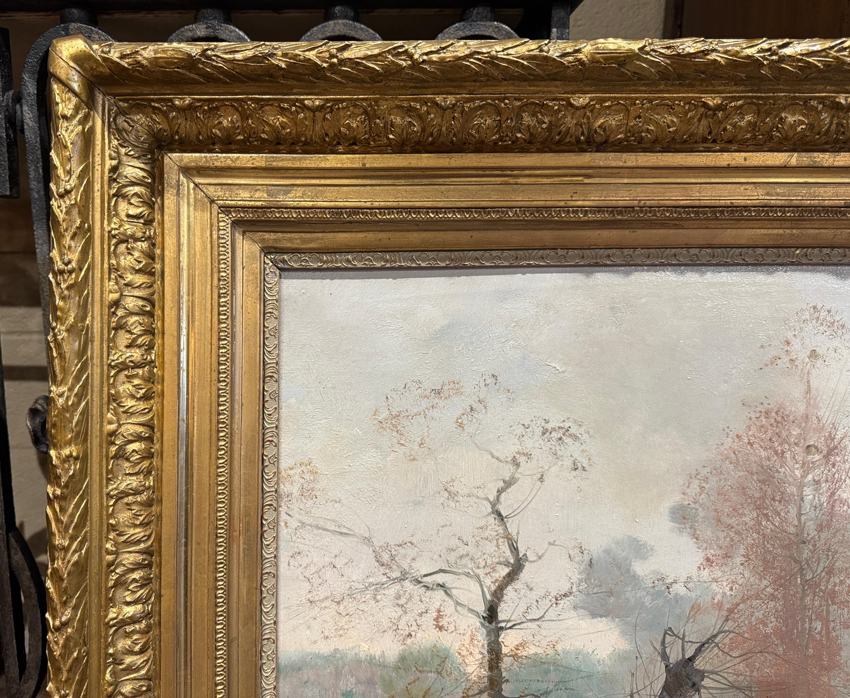 Canvas 19th Century French Landscape Oil Painting in Giltwood Frame Signed E. Laval For Sale