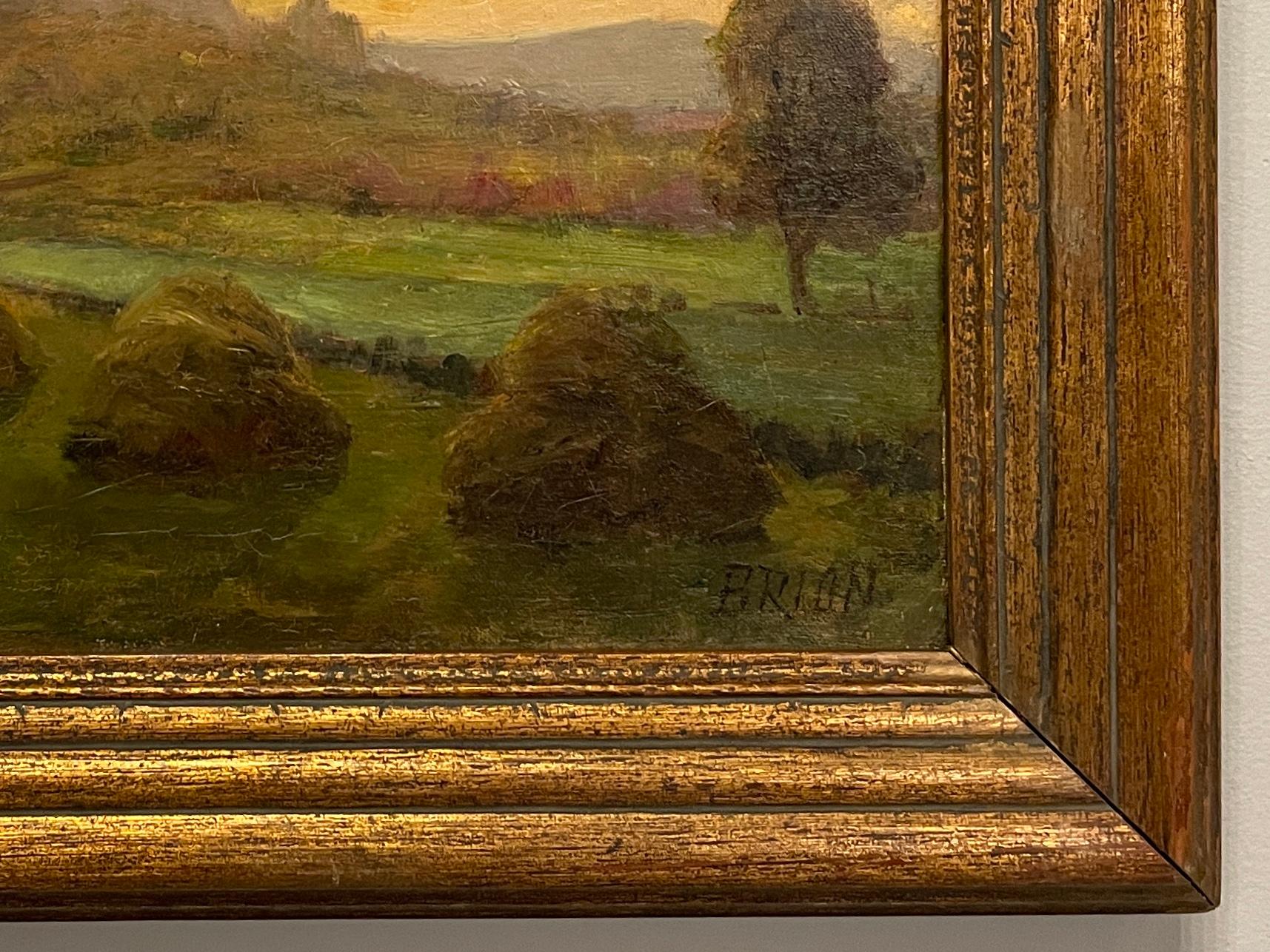 A small 19th century French Impressionist landscape painting by Gustave Brion (1824-1877) a Barbizon School artist from Alsace, depicting the sunrise over a field with haystacks in the foreground and a village in the distance. Beautiful atmospheric