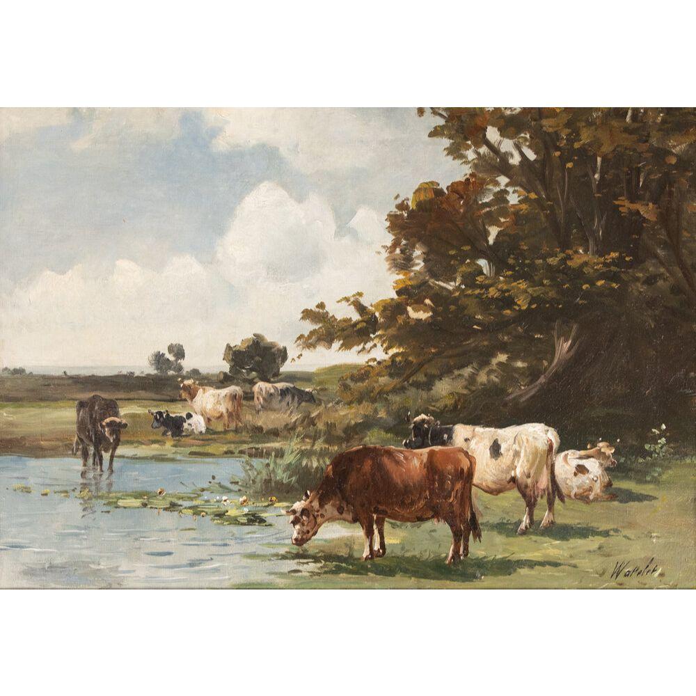 Gorgeous 19th-century French landscape oil painting of a bucolic scene with cattle resting and drinking from a watering hole. Signed lower right. Displayed in the original giltwood and gesso frame.

Framed: 34.25
